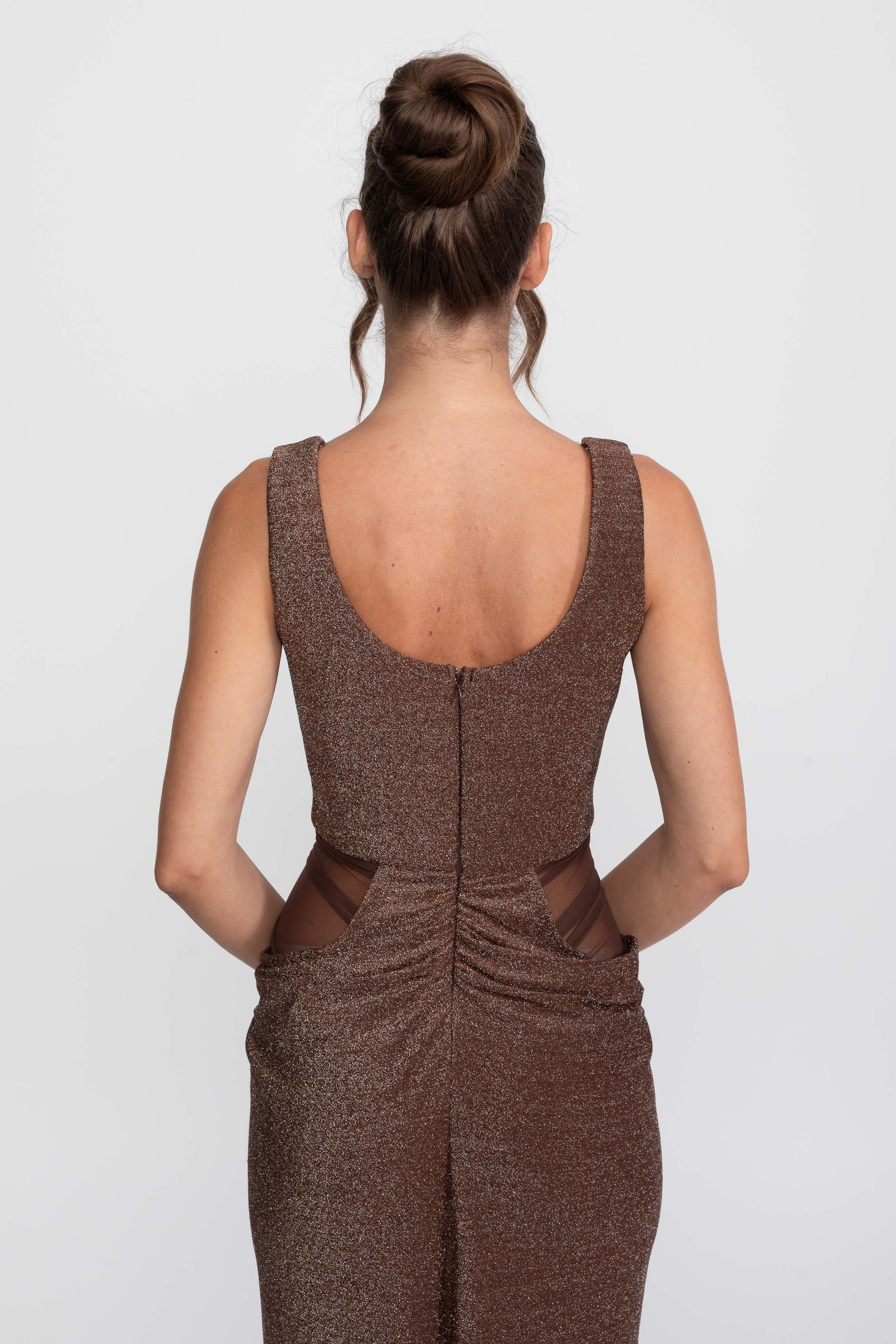 Metallic Knit Cutout Column Gown With Scoop Neck - Coffee