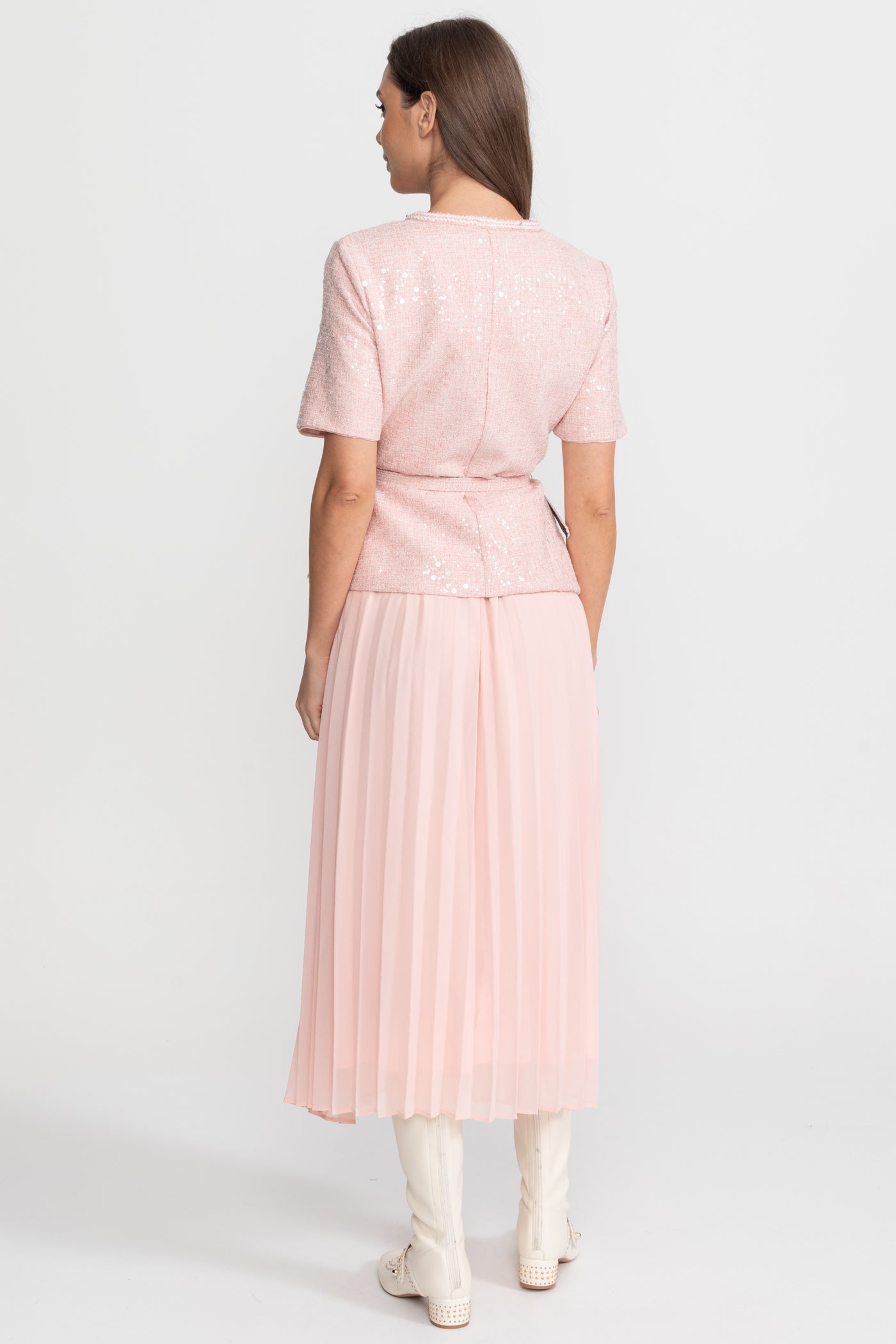 Embellished Tweed Midi Dress with Pleated Chiffon Skirt – Blush Pink