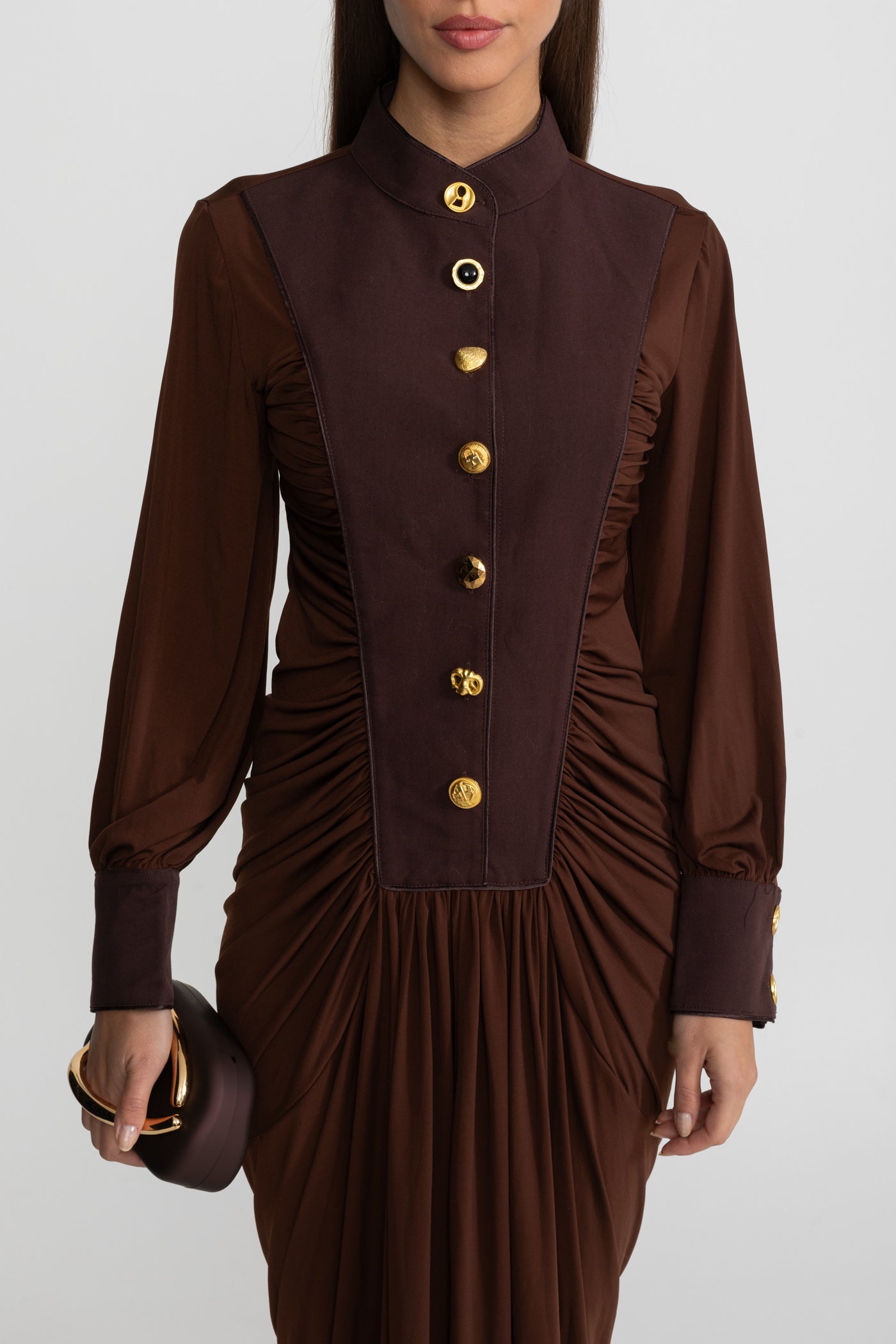 Draped Maxi Dress with Gold Statement Buttons - Brown