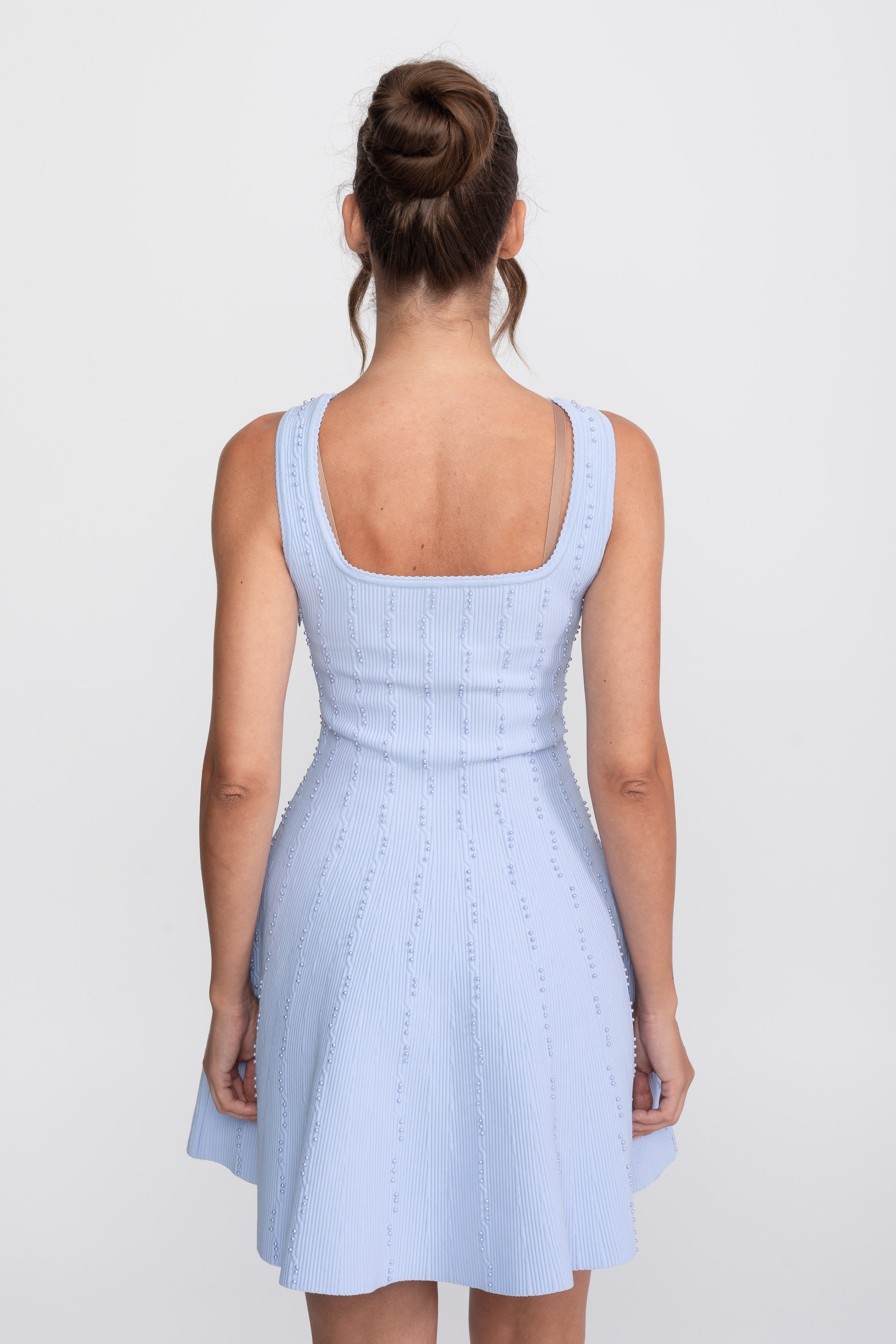 Pearl Beaded Ribbed Mini Dress With Square Neck - Light Blue