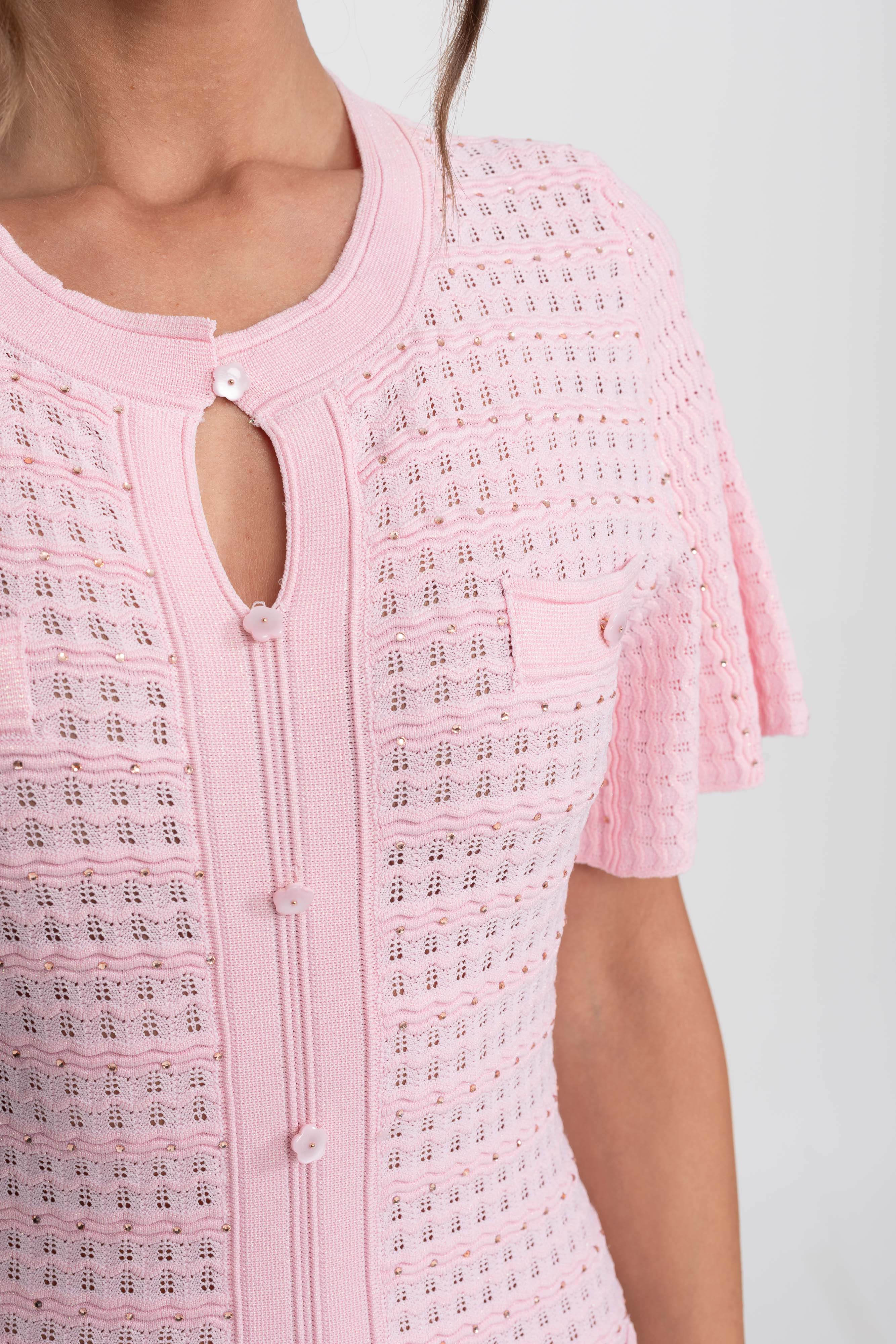 Short Sleeve Midi Dress With Shimmer Knit Texture - Pink
