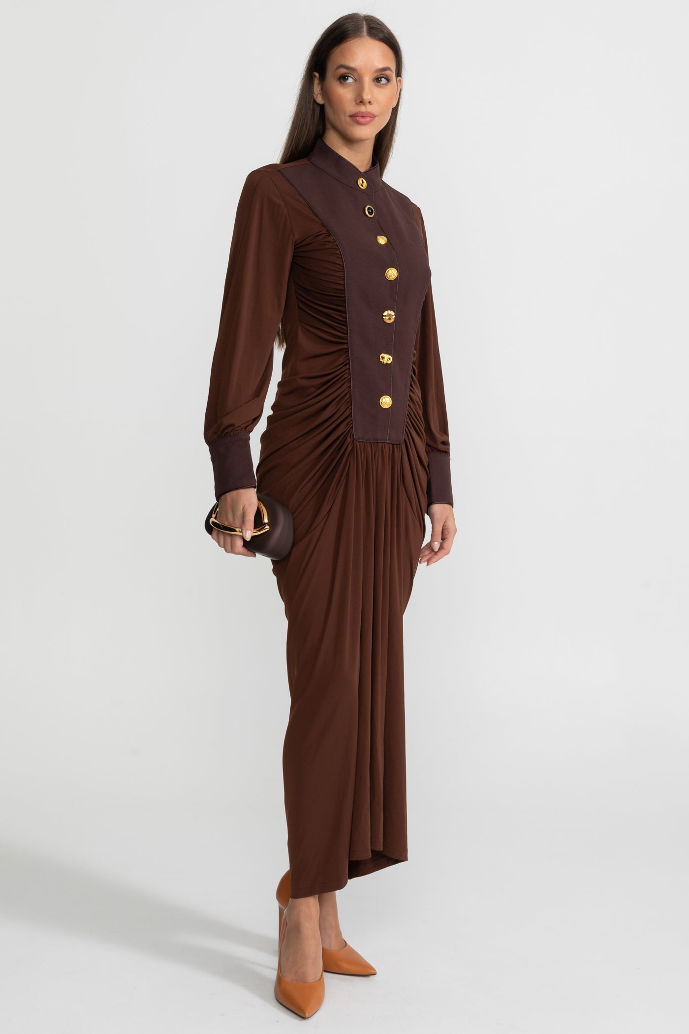 Draped Maxi Dress with Gold Statement Buttons - Brown