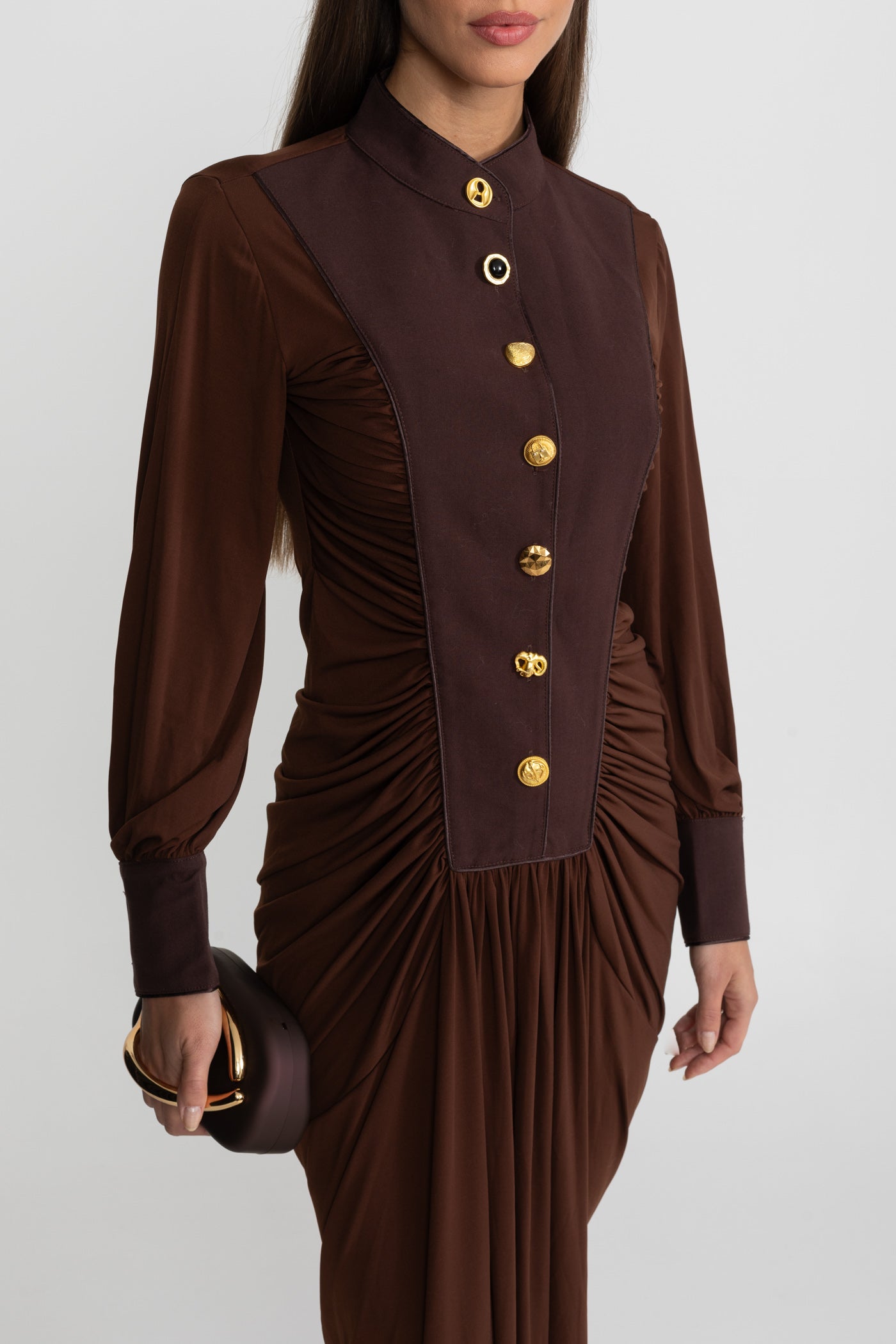 Draped Maxi Dress with Gold Statement Buttons - Brown