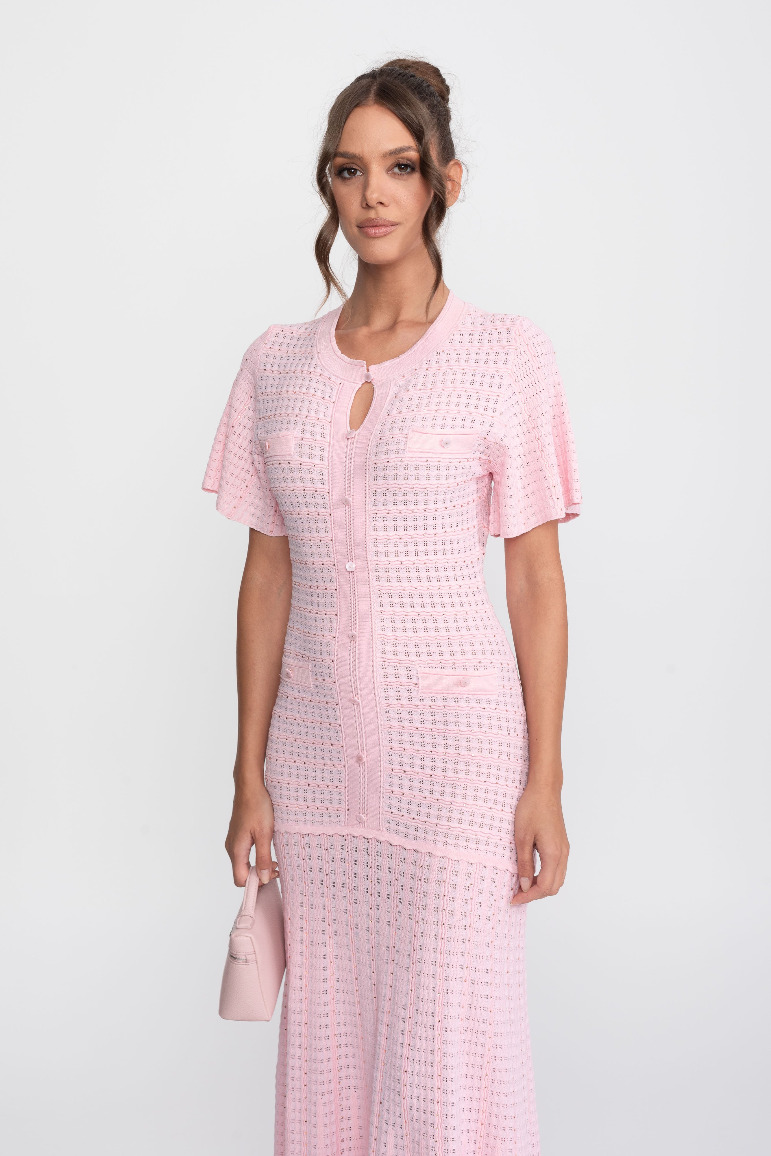 Short Sleeve Midi Dress With Shimmer Knit Texture - Pink