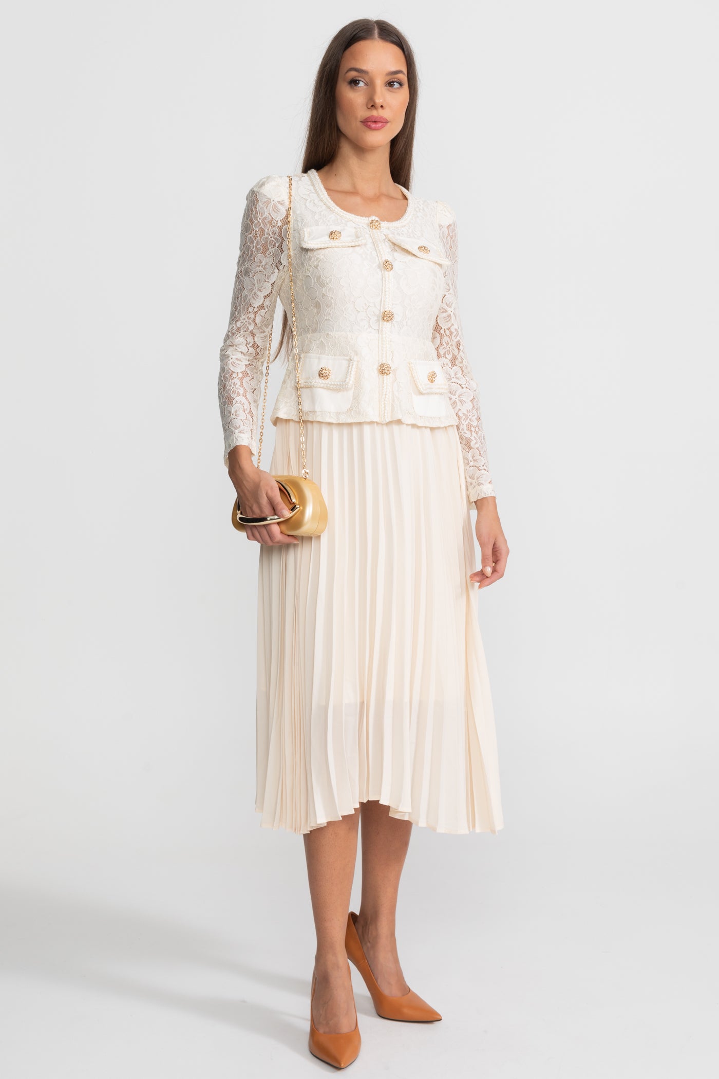Lace and Pleated Midi Dress with Gold Button Detailing - Ivoire
