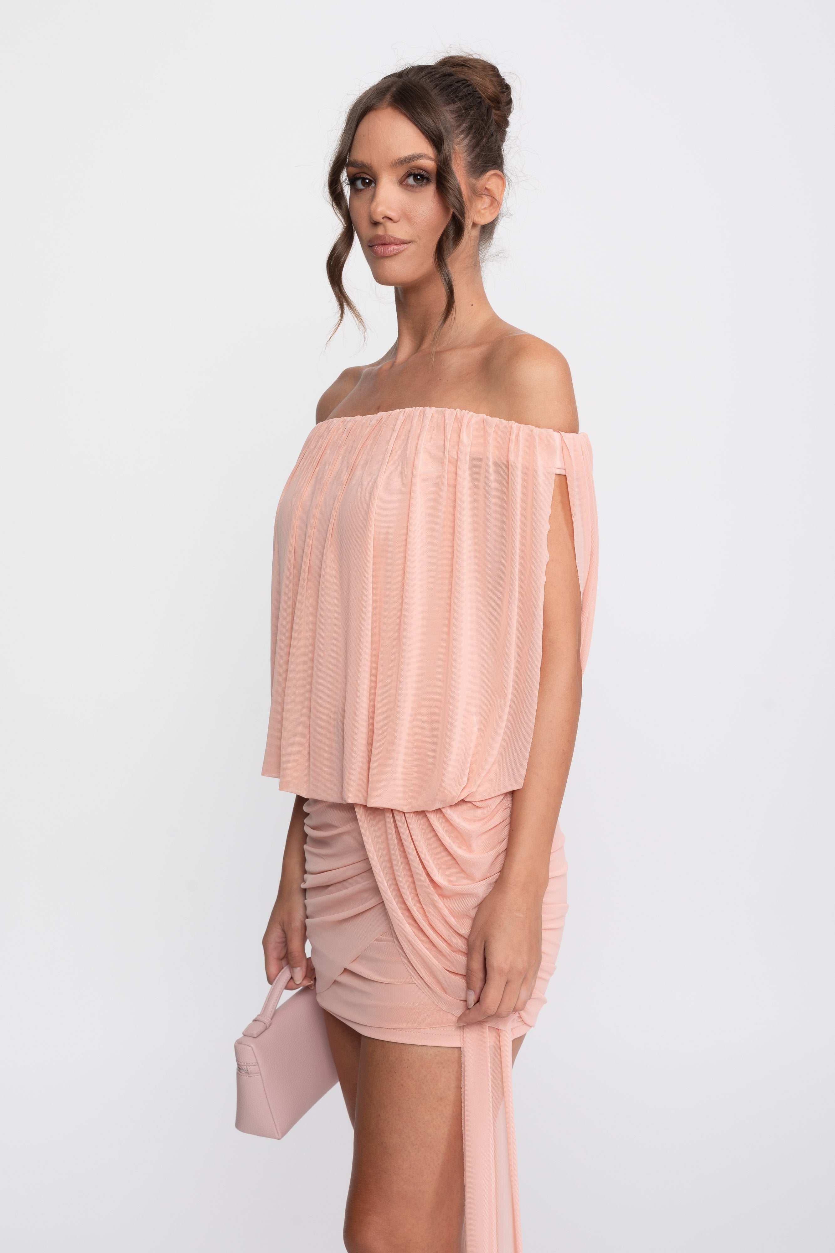 Off-Shoulder Ruched Wrap Mini Dress With Tie Waist - Peach