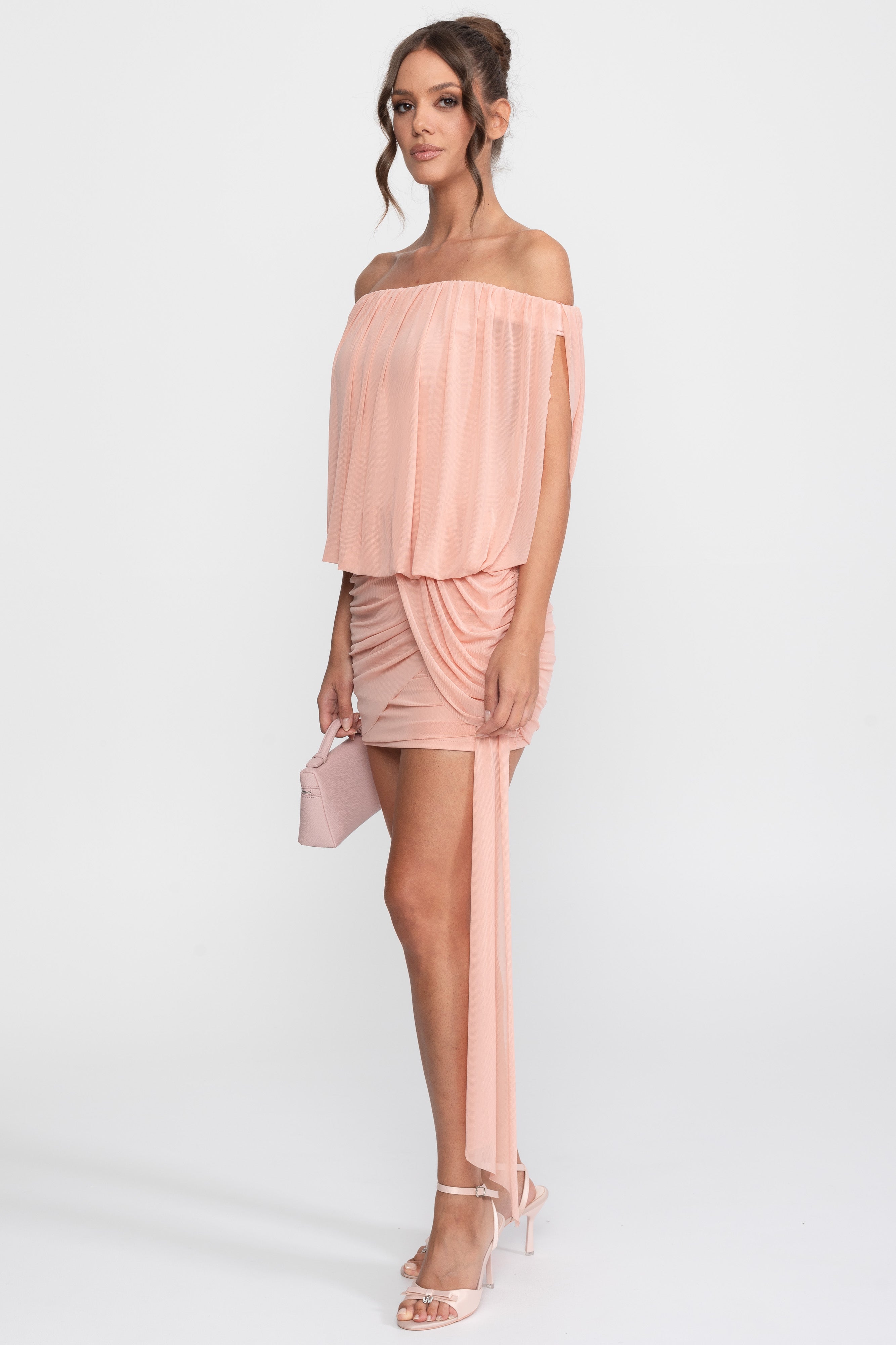 Off-Shoulder Ruched Wrap Mini Dress With Tie Waist - Peach
