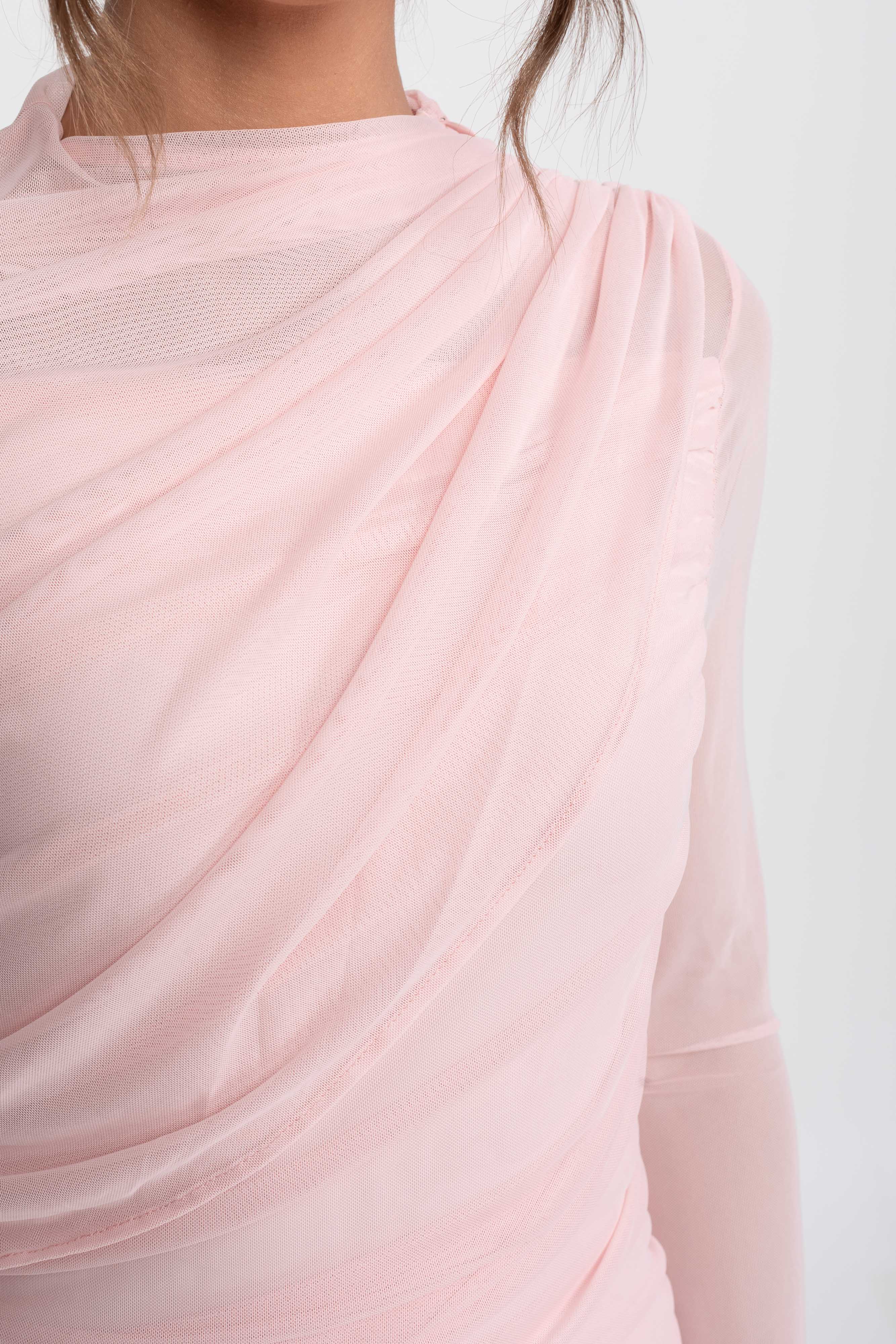 Draped Shoulder Maxi Dress With Sheer Skirt - Pink