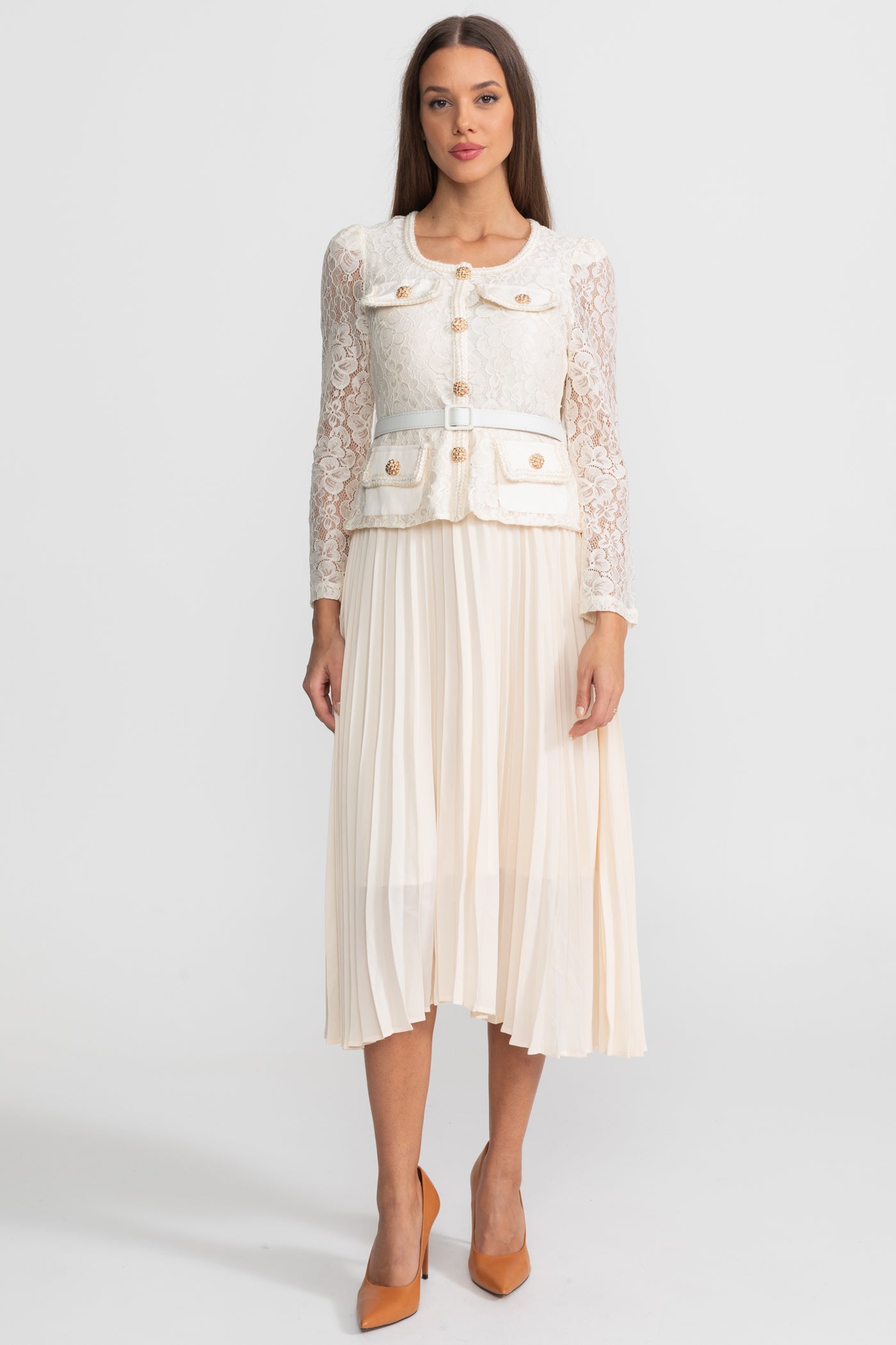Lace and Pleated Midi Dress with Gold Button Detailing - Ivoire
