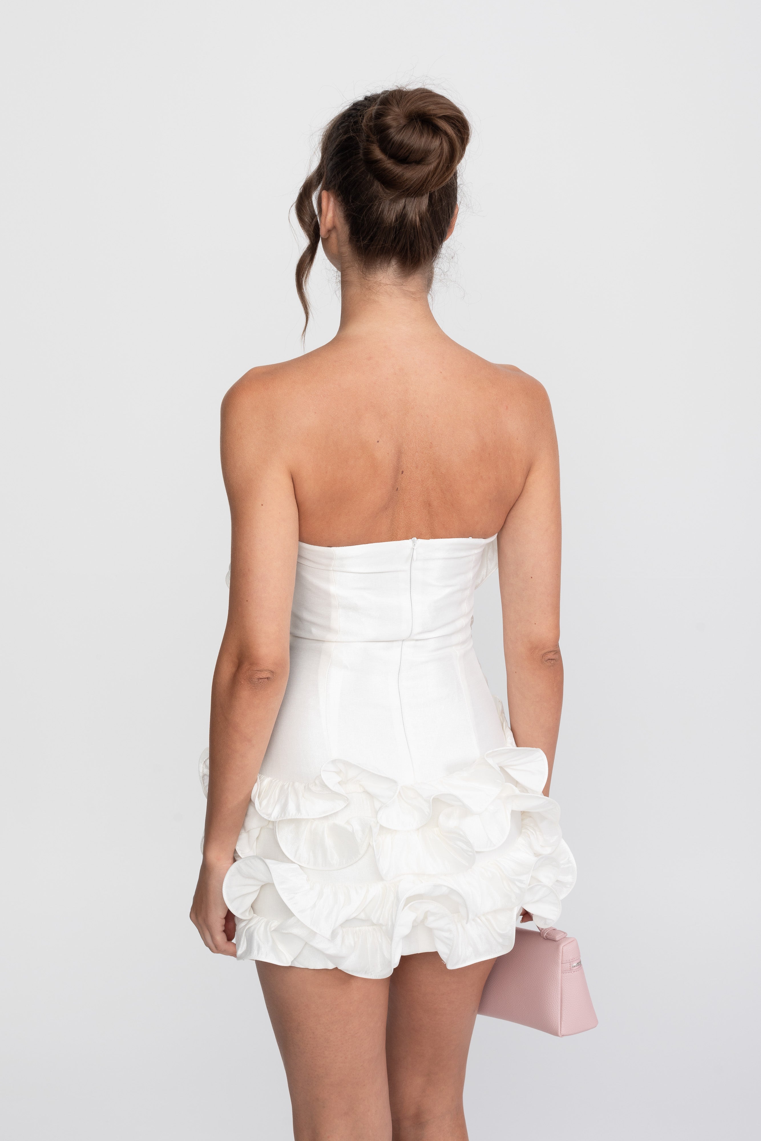 Ruffled Strapless Mini Dress With Sweetheart Neckline - White