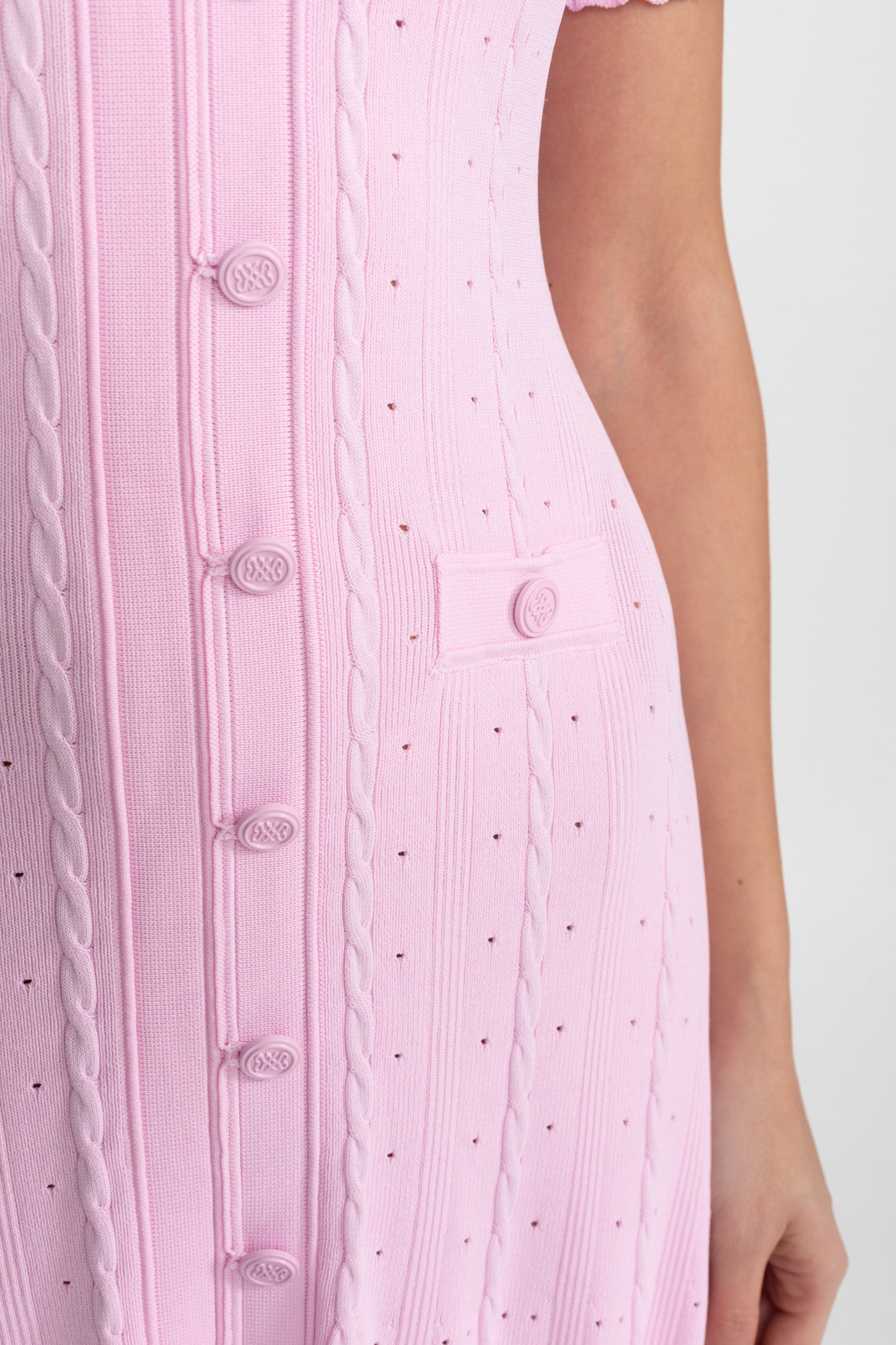 Knit Button-Front Midi Dress with Scalloped Sleeves – Pink