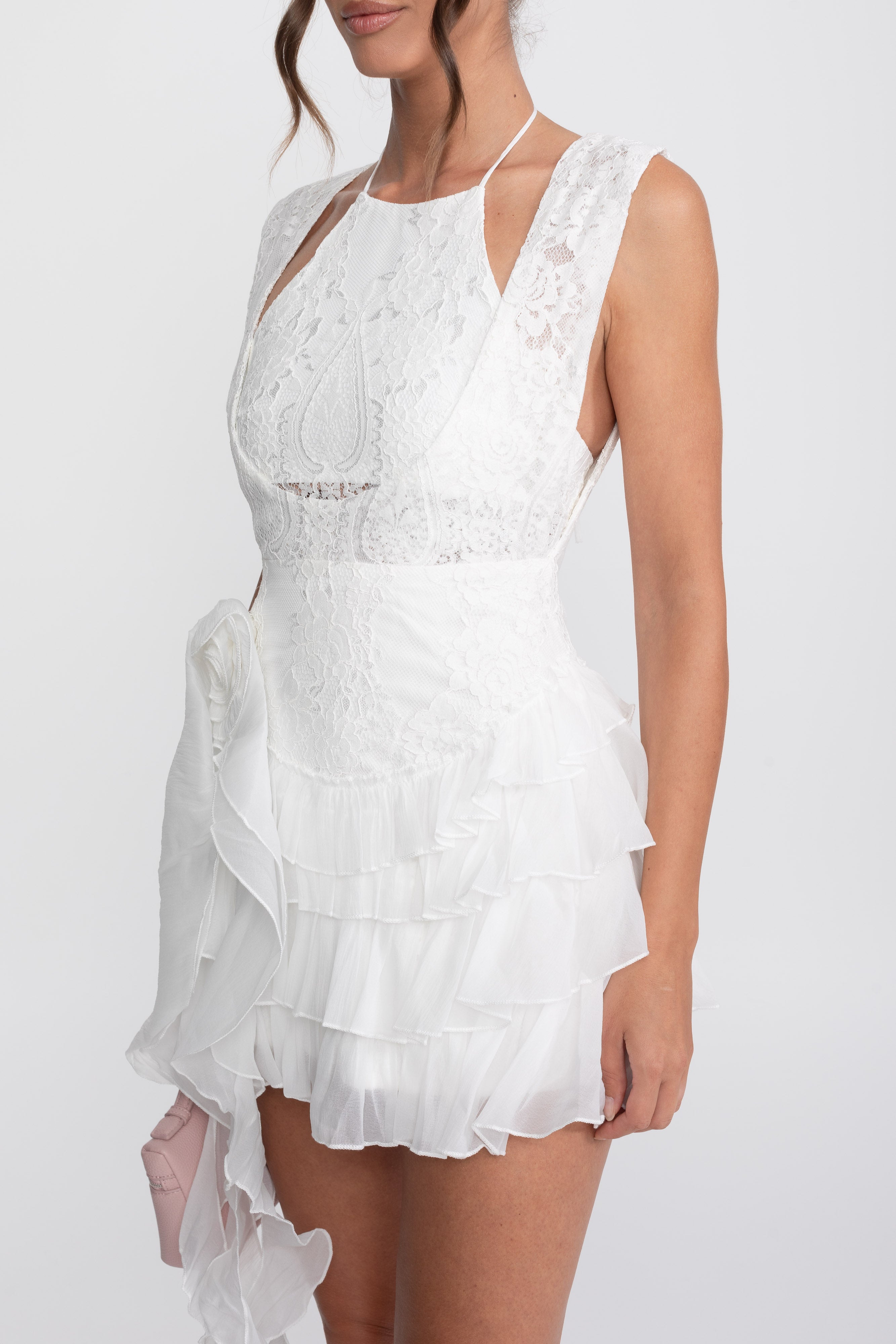 Lace Halter Rosette Mini Dress With Ruffle Skirt - White