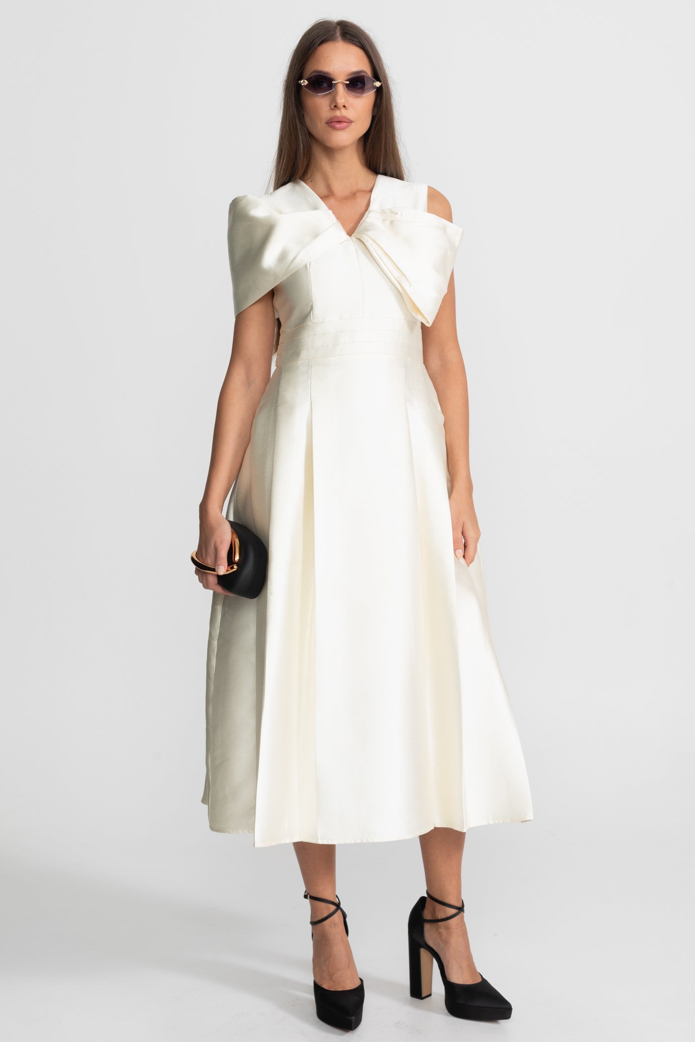 Off-Shoulder Satin Midi Dress With Draped Bow Detail – Ivoire