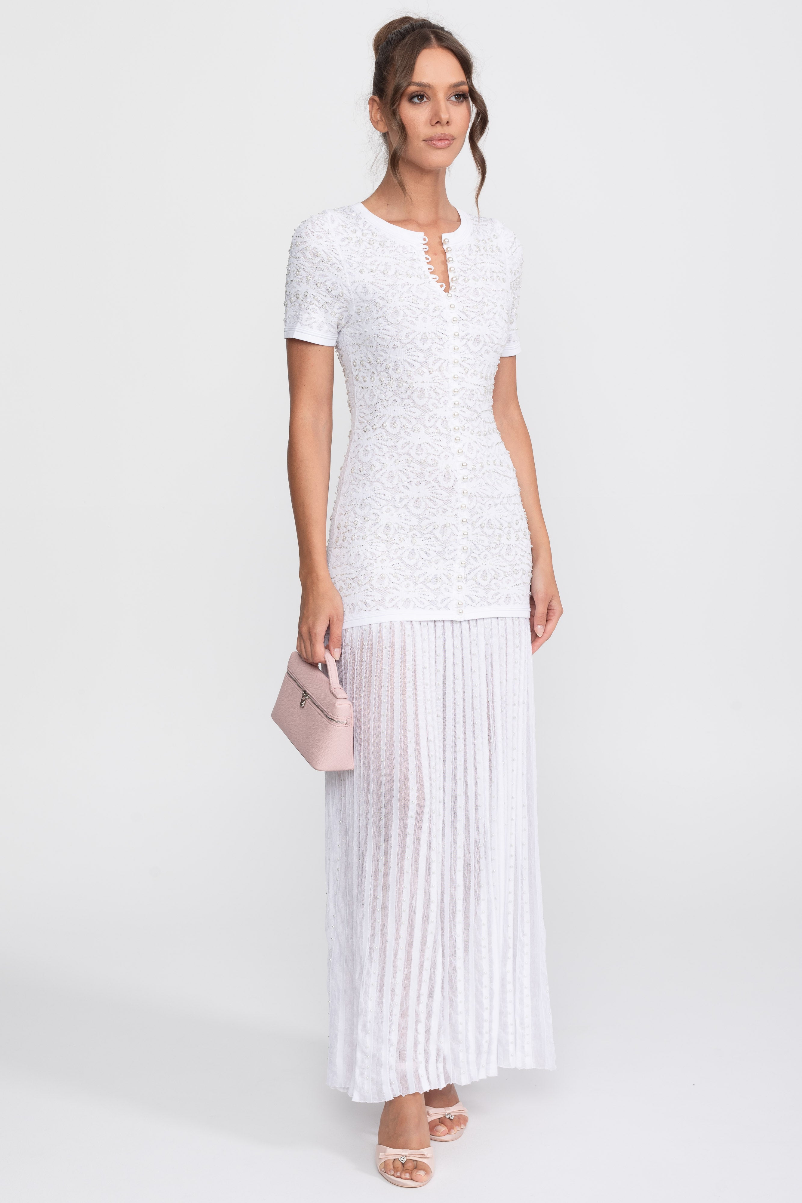 Short Sleeve Midi Dress With Pearl Embellishments - White
