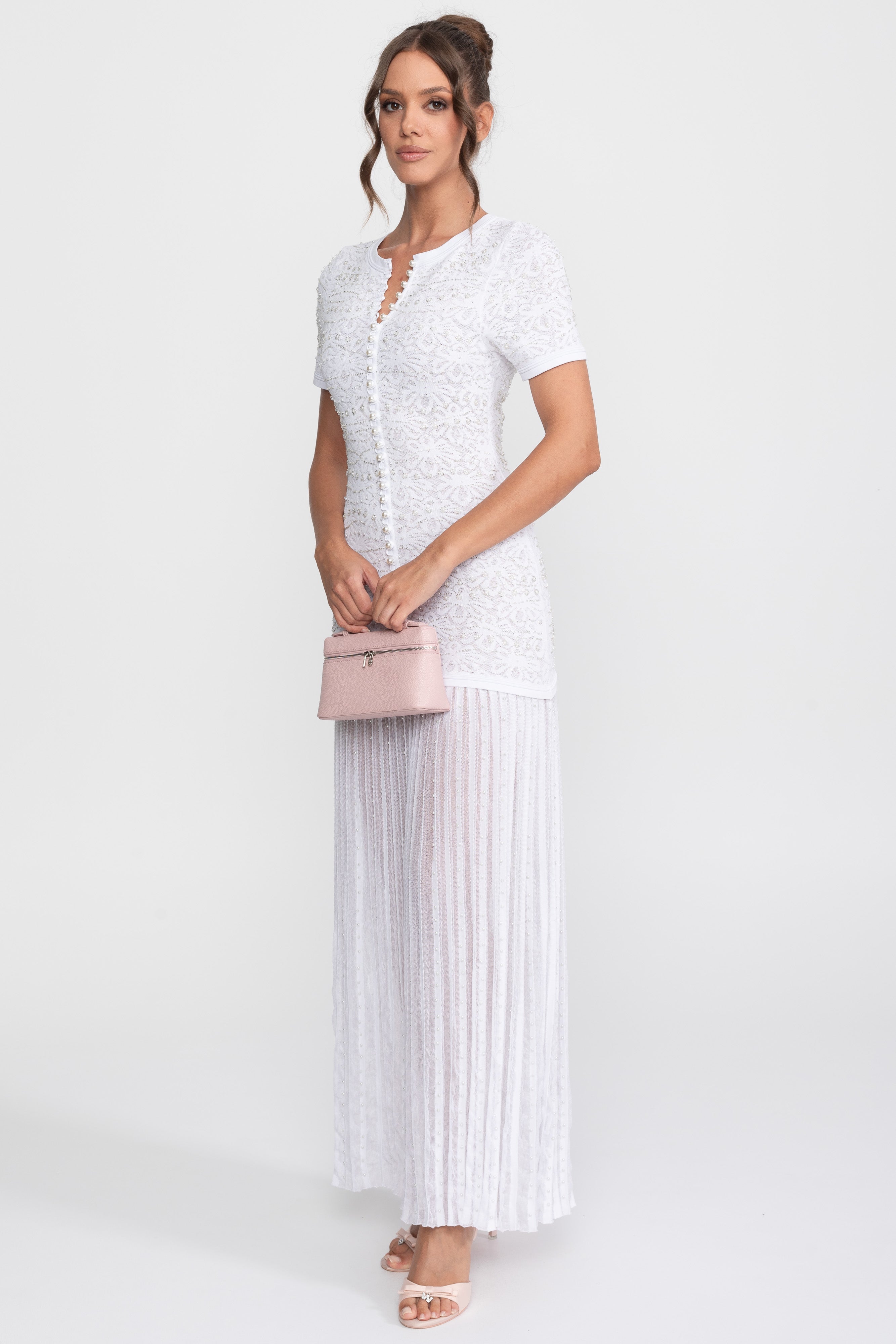 Short Sleeve Midi Dress With Pearl Embellishments - White