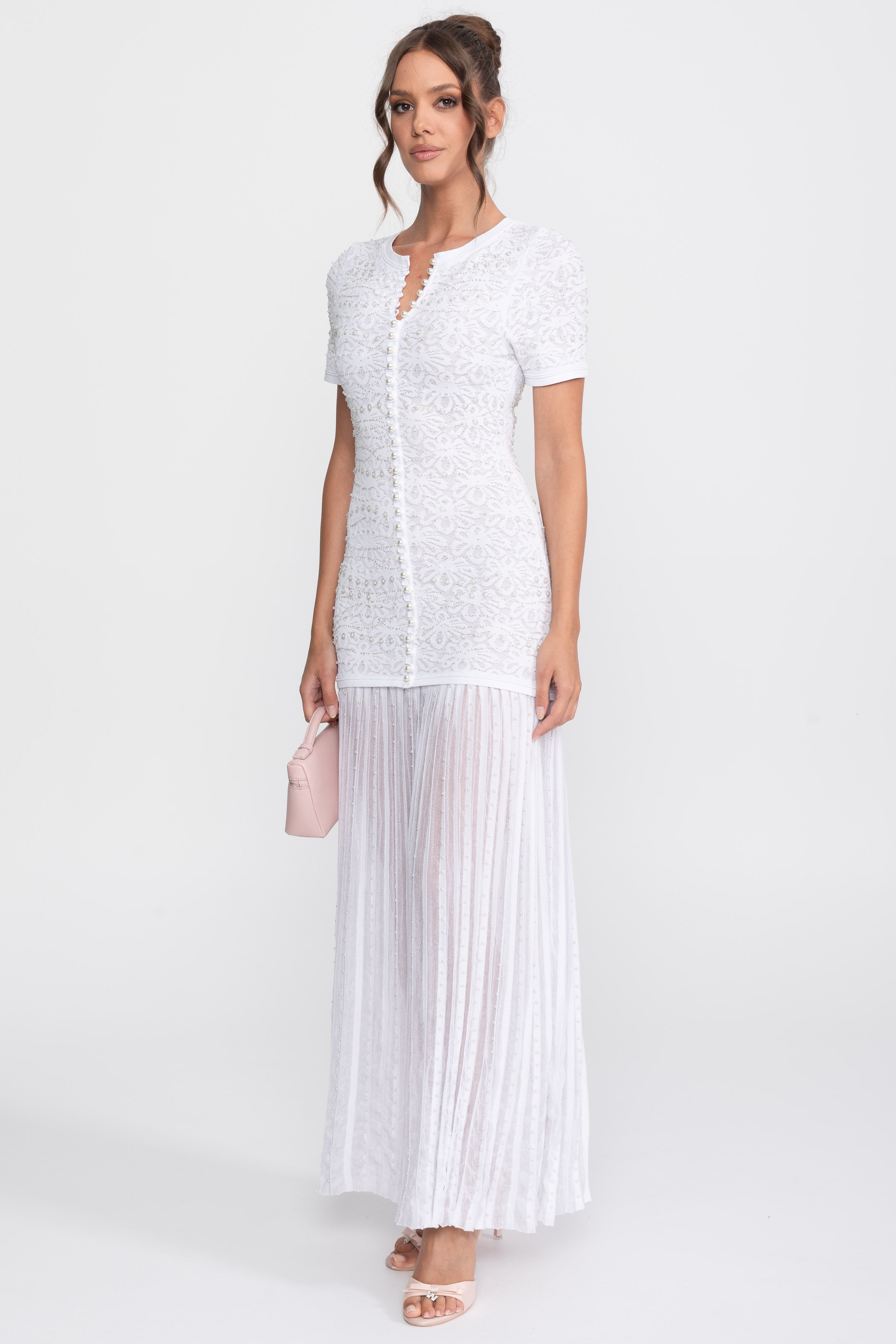 Short Sleeve Midi Dress With Pearl Embellishments - White