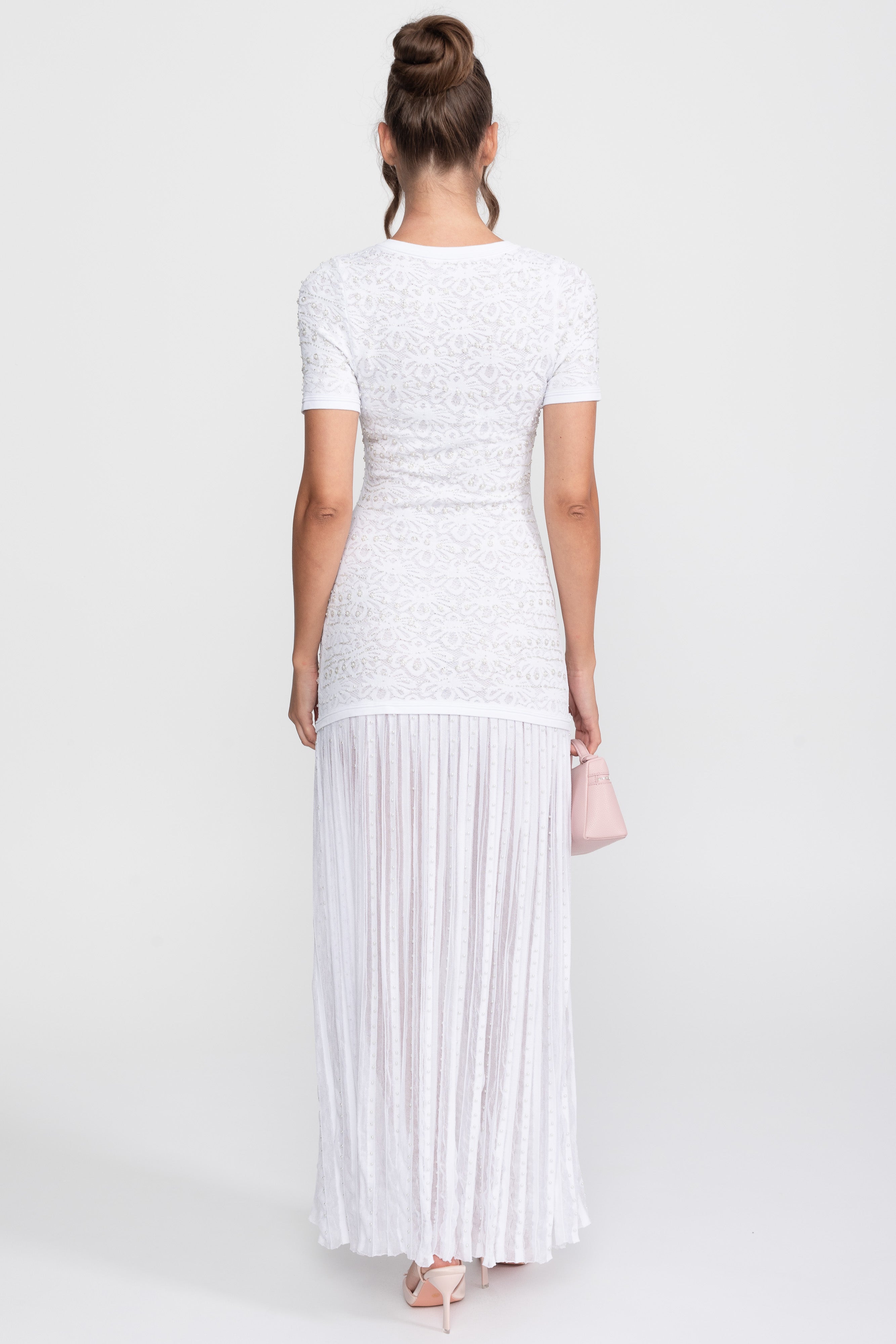 Short Sleeve Midi Dress With Pearl Embellishments - White