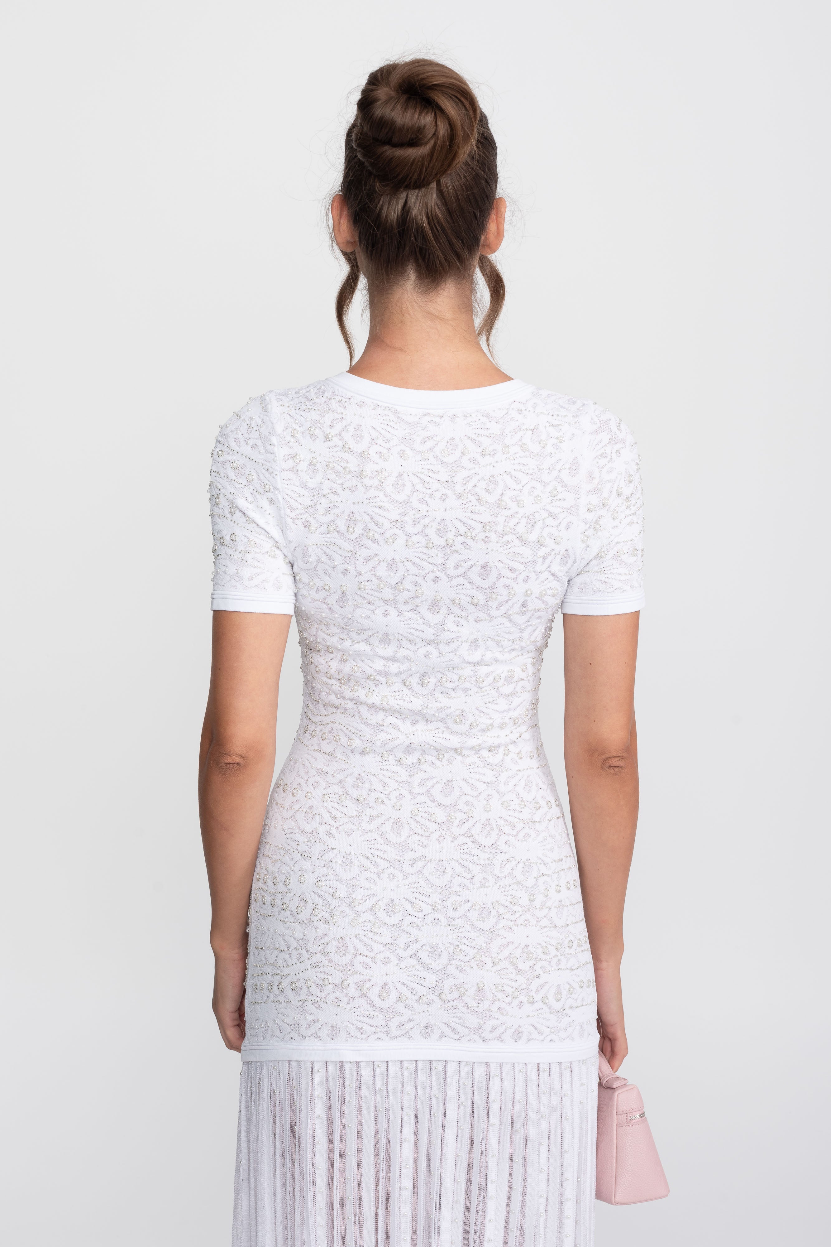 Short Sleeve Midi Dress With Pearl Embellishments - White