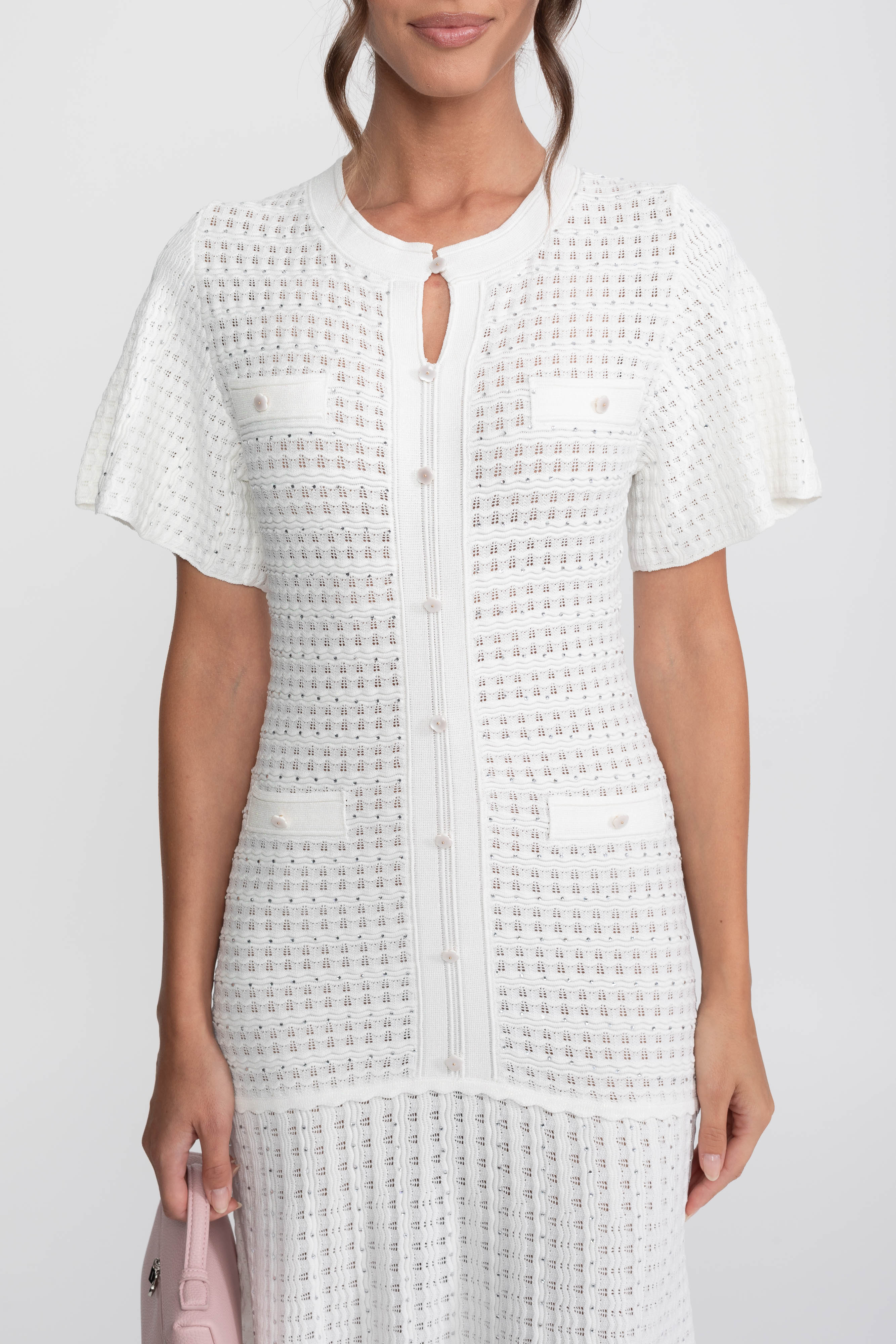 Short Sleeve Midi Dress With Shimmer Knit Texture - White