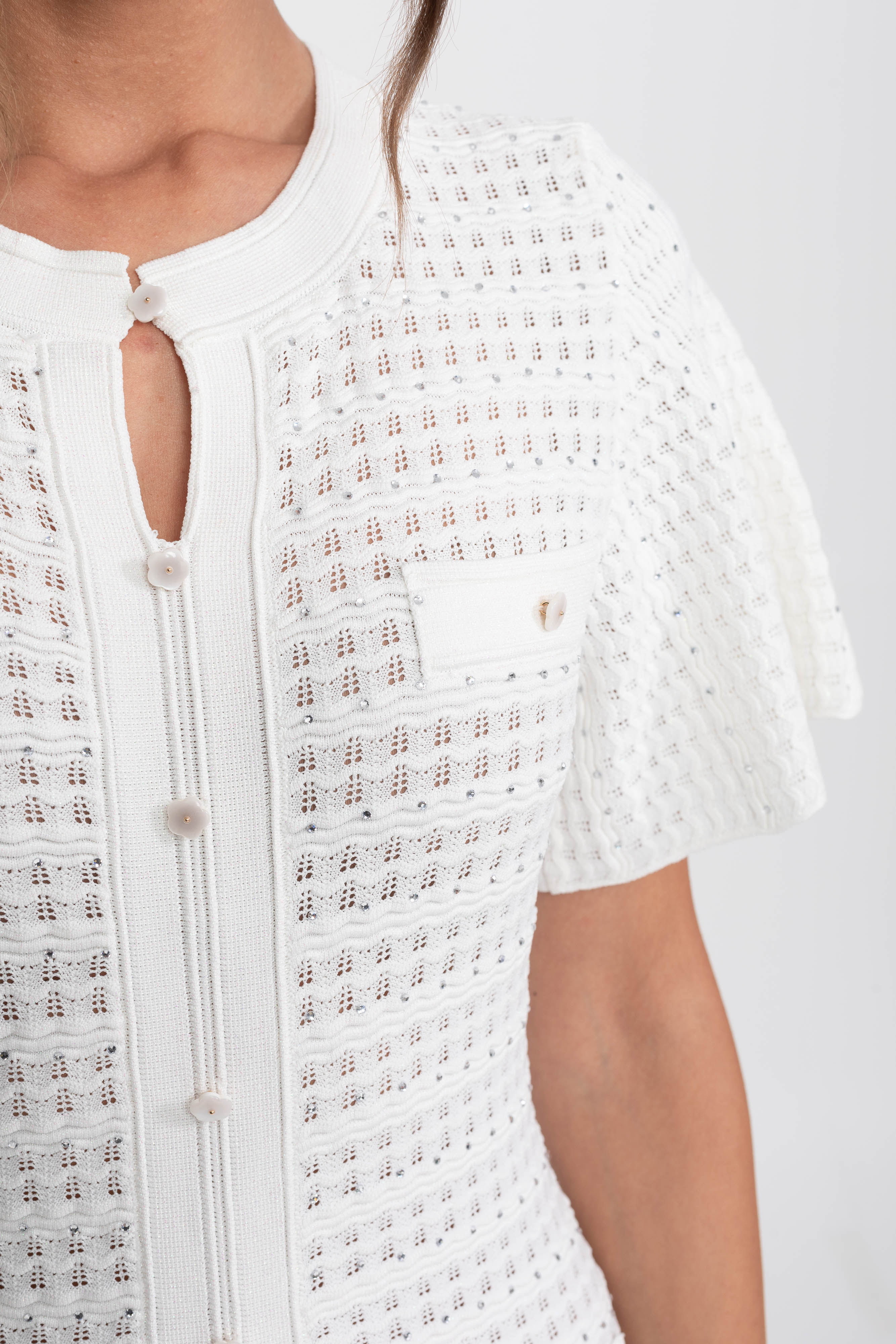 Short Sleeve Midi Dress With Shimmer Knit Texture - White