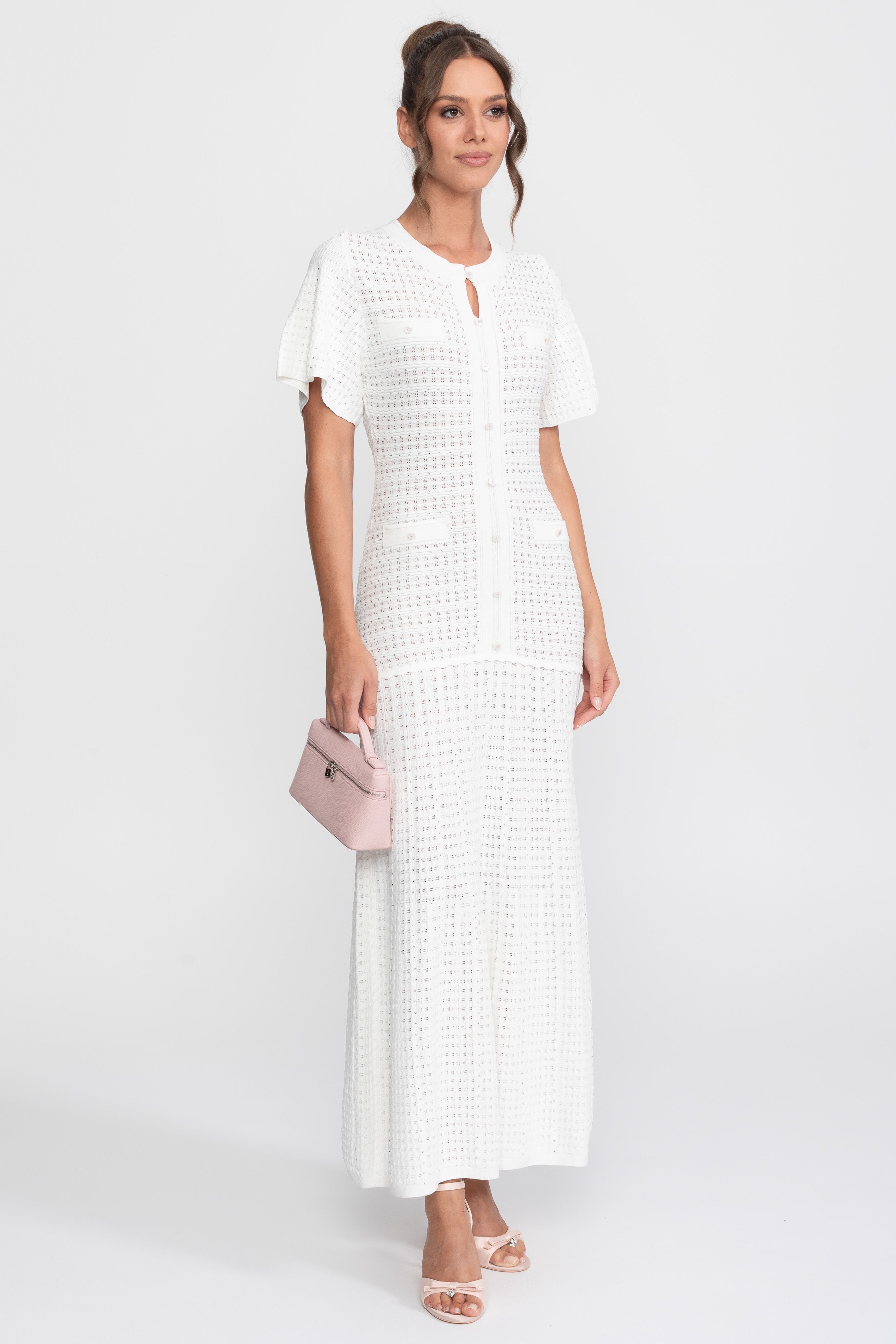 Short Sleeve Midi Dress With Shimmer Knit Texture - White
