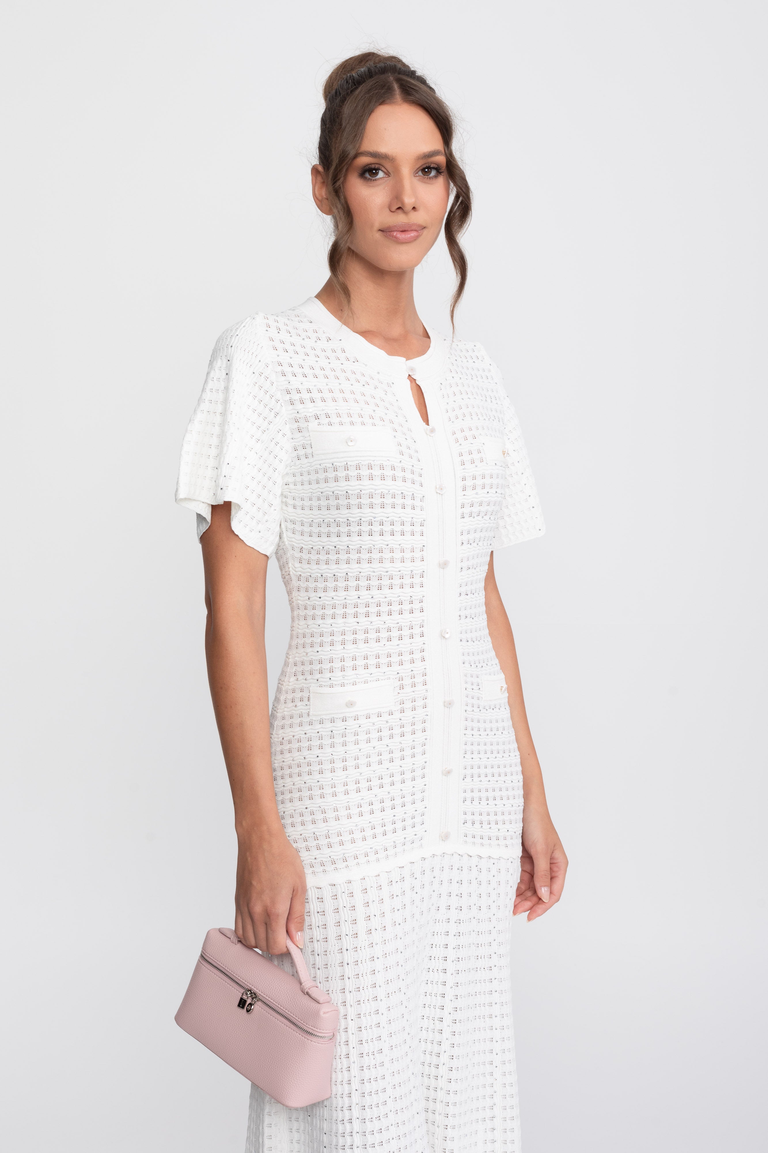 Short Sleeve Midi Dress With Shimmer Knit Texture - White