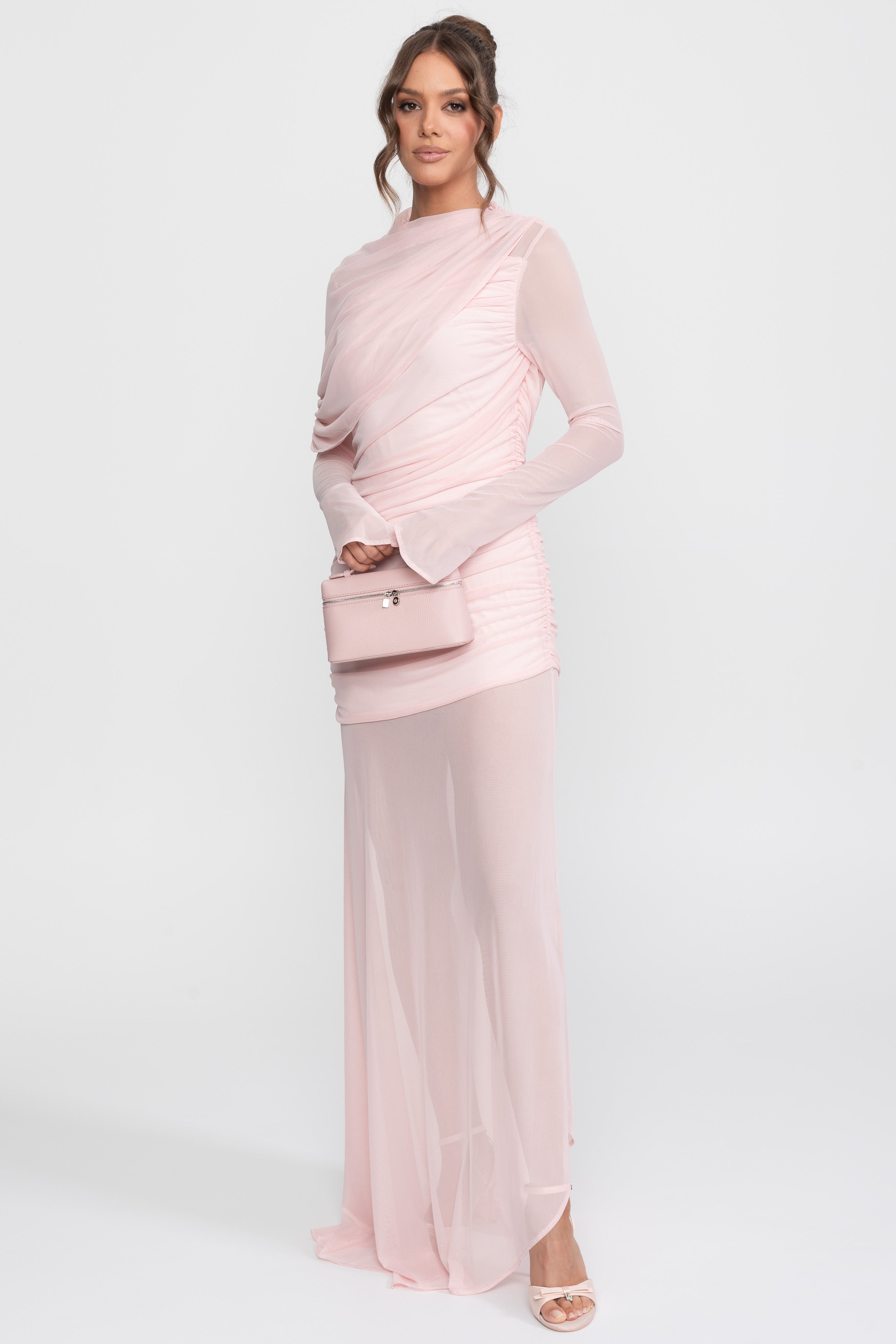 Draped Shoulder Maxi Dress With Sheer Skirt - Pink