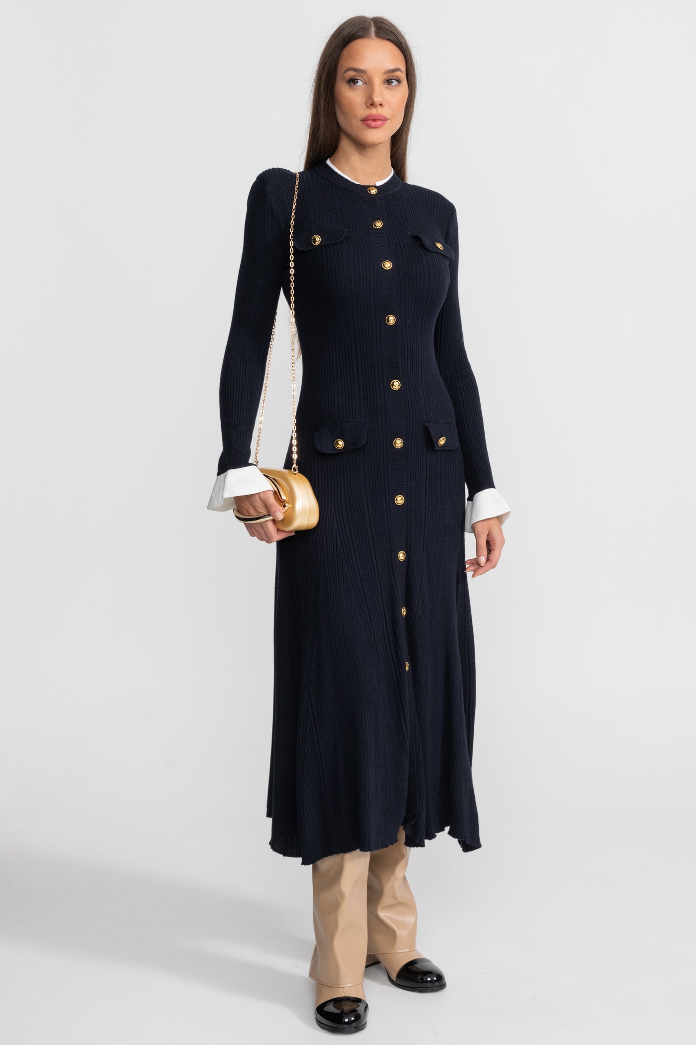 Ribbed Knit Midi Dress with Gold Button Fastening - Dark Blue