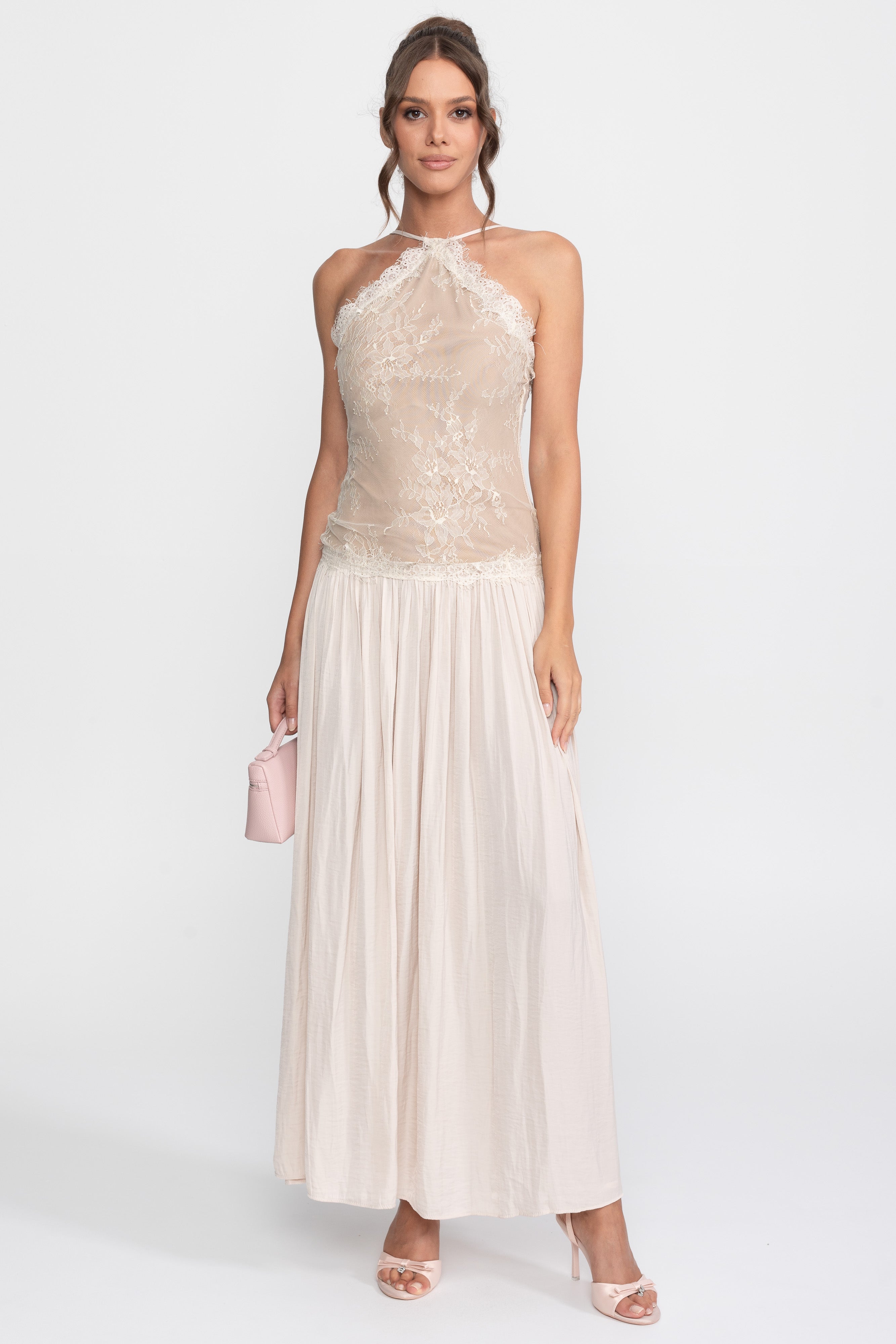 Lace Halter Sleeveless Maxi Dress With Pleated Skirt - Cream