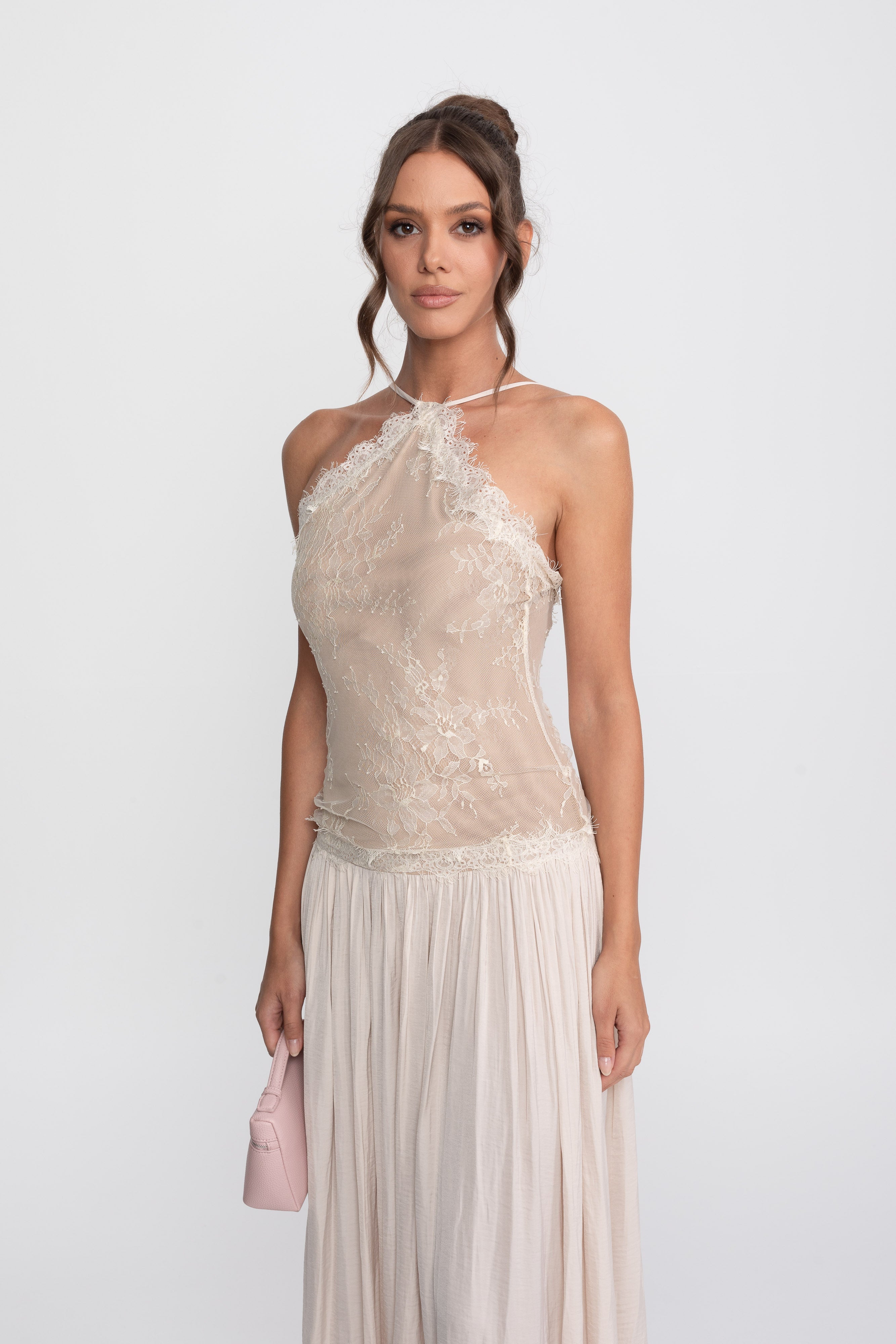 Lace Halter Sleeveless Maxi Dress With Pleated Skirt - Cream