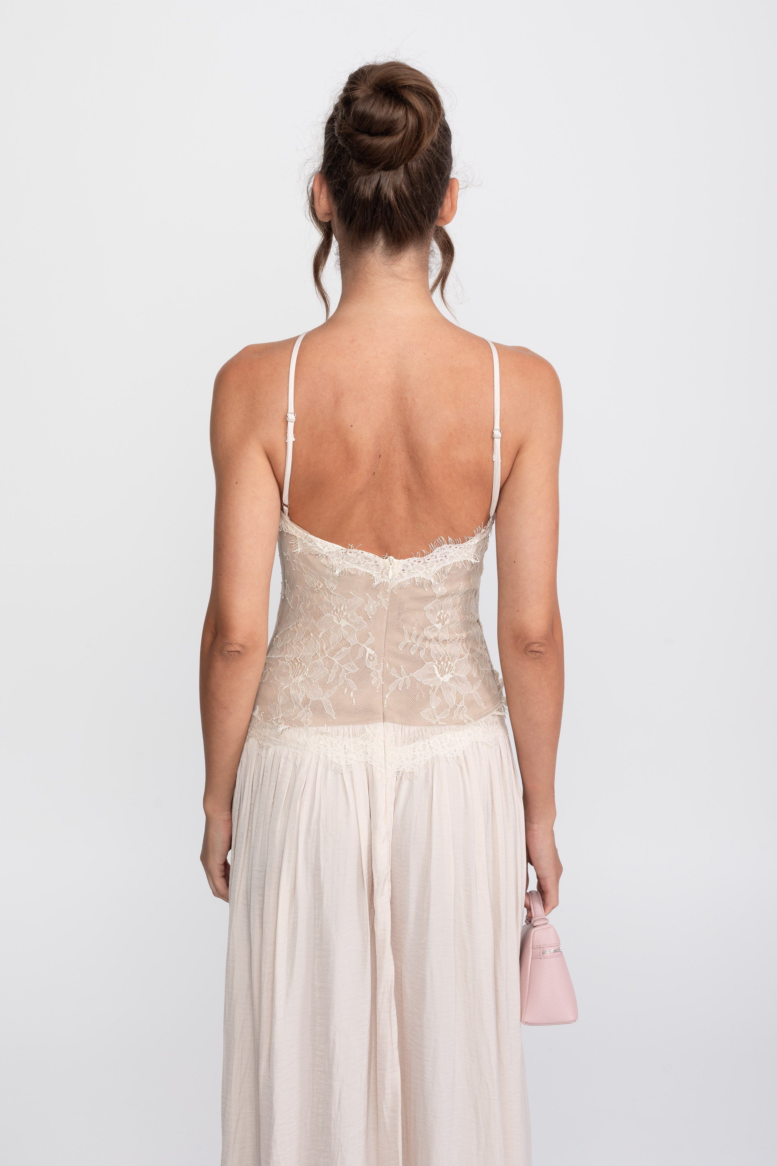 Lace Halter Sleeveless Maxi Dress With Pleated Skirt - Cream