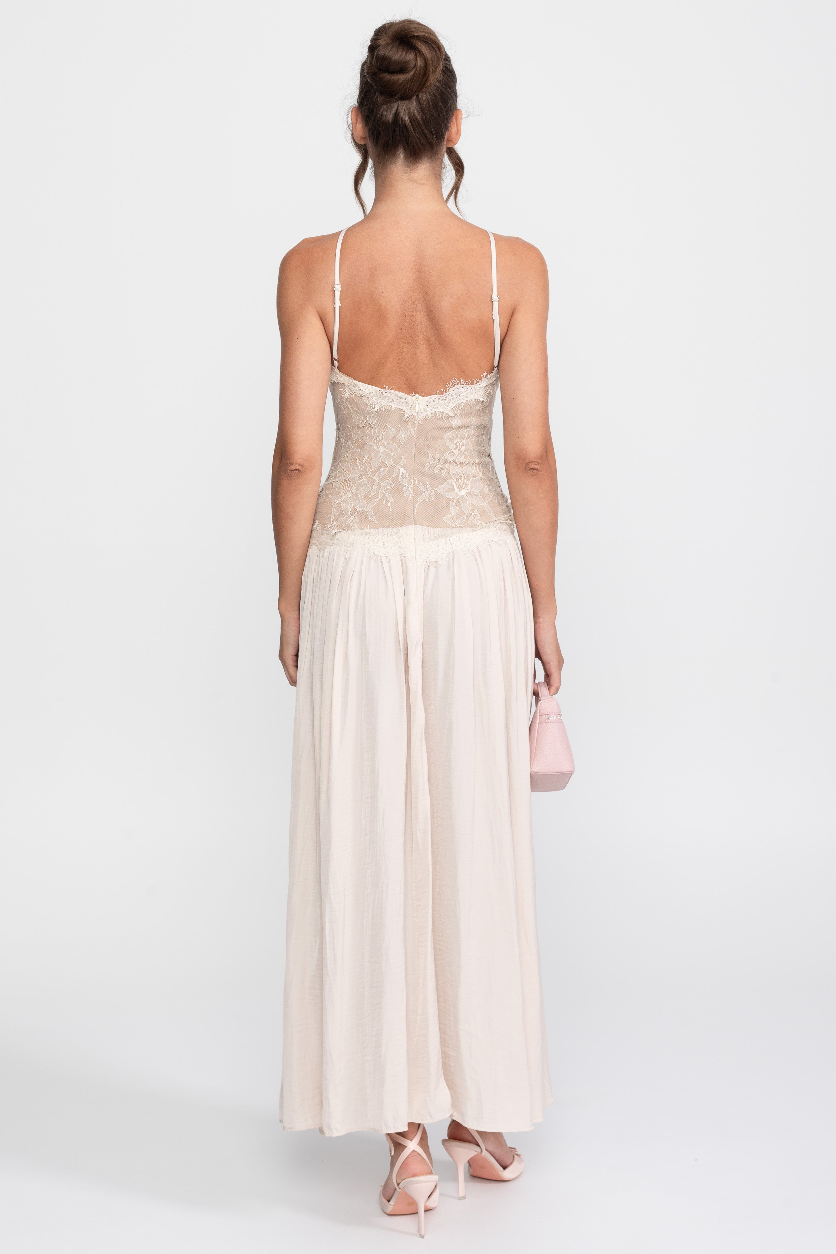 Lace Halter Sleeveless Maxi Dress With Pleated Skirt - Cream