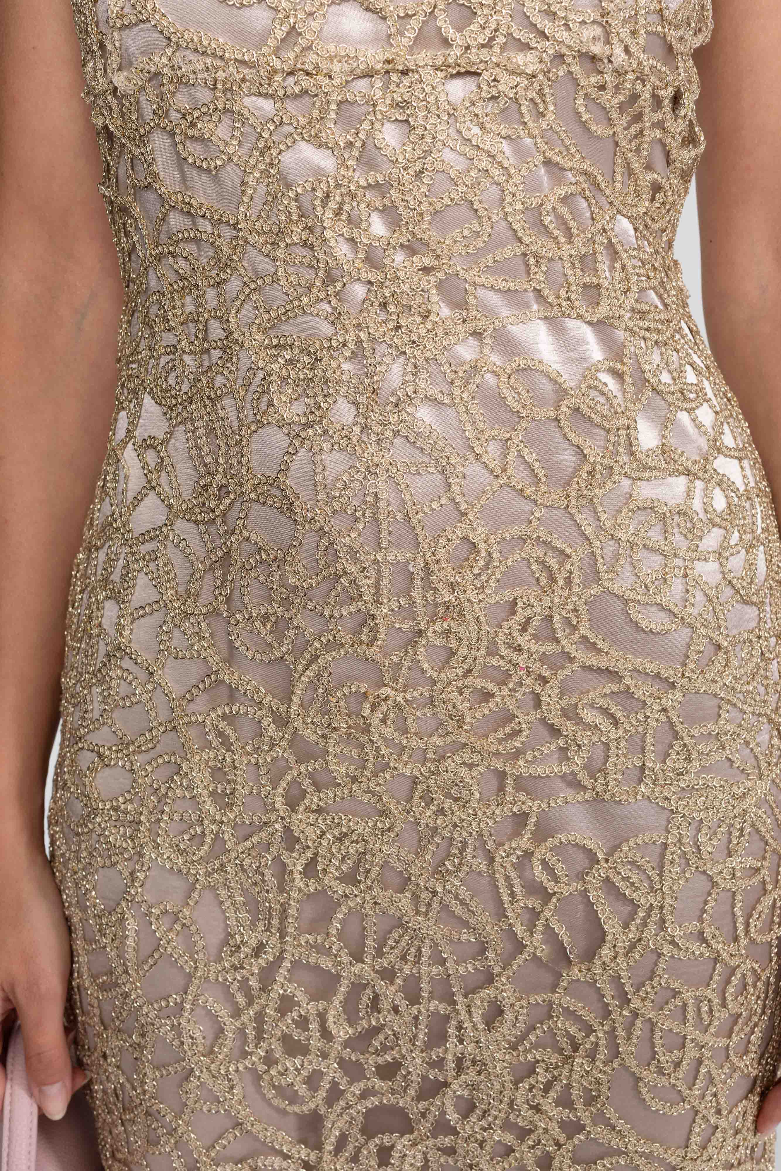Metallic Lace Sheath Dress With Square Neck - Gold