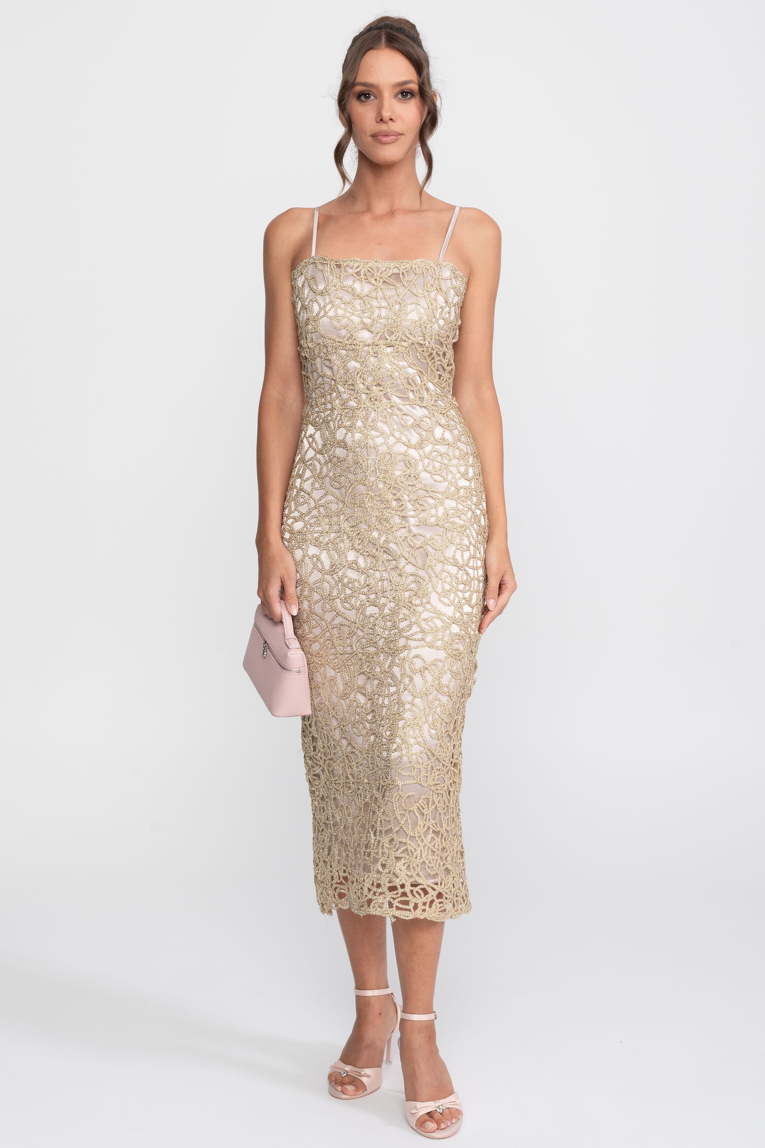 Metallic Lace Sheath Dress With Square Neck - Gold