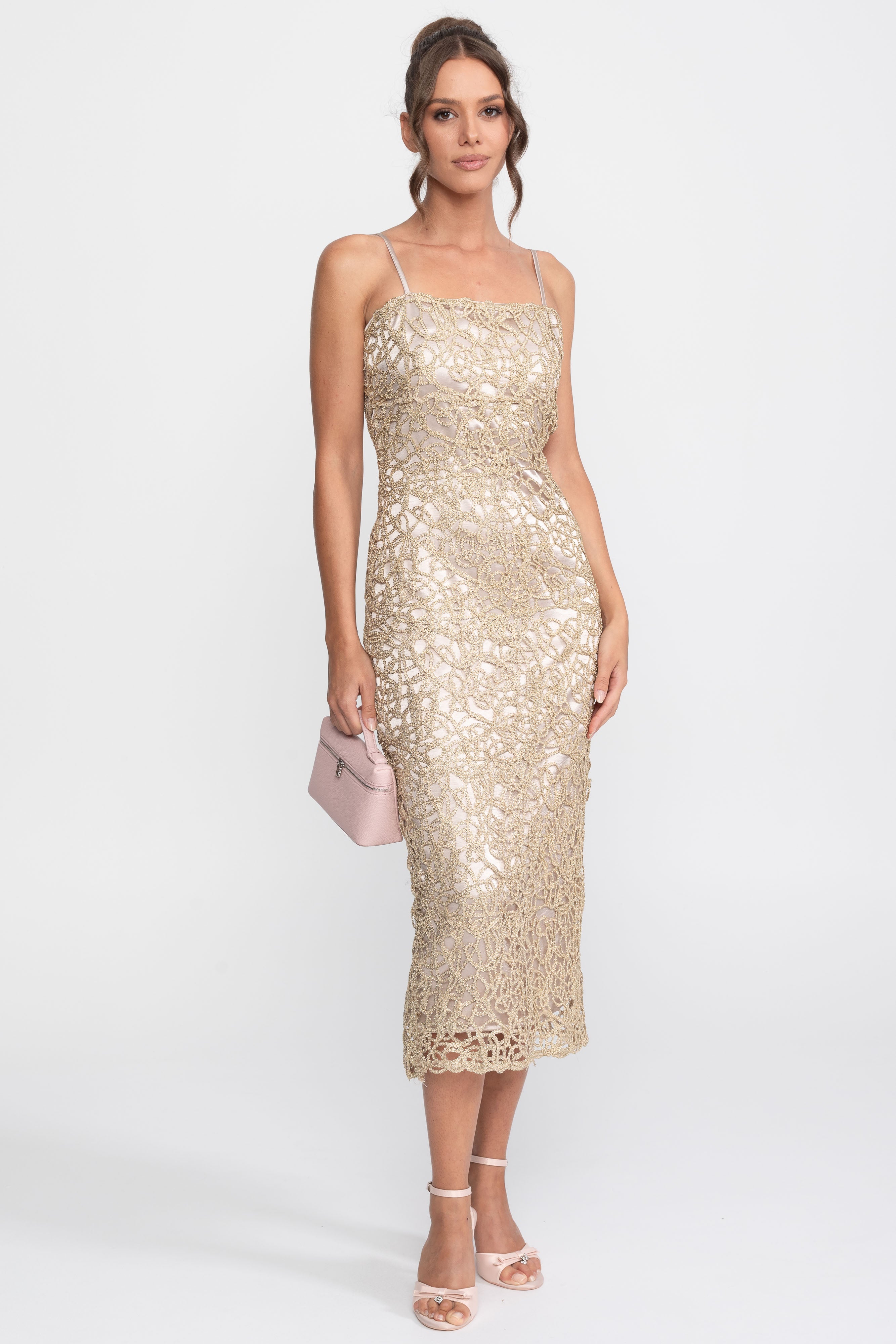 Metallic Lace Sheath Dress With Square Neck - Gold