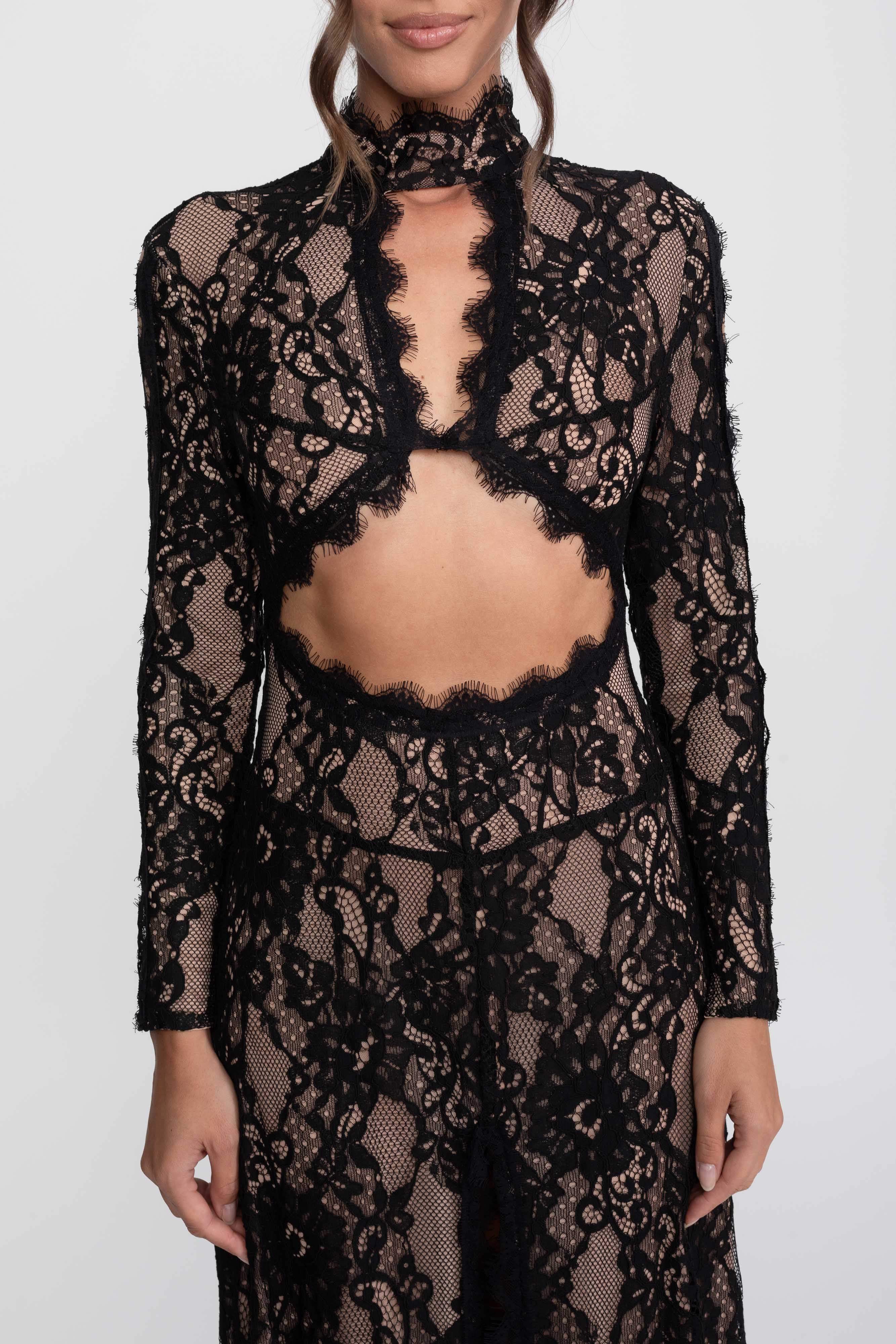 Elegant Lace Gown With High Neck, Front Cutout And Slit - Black
