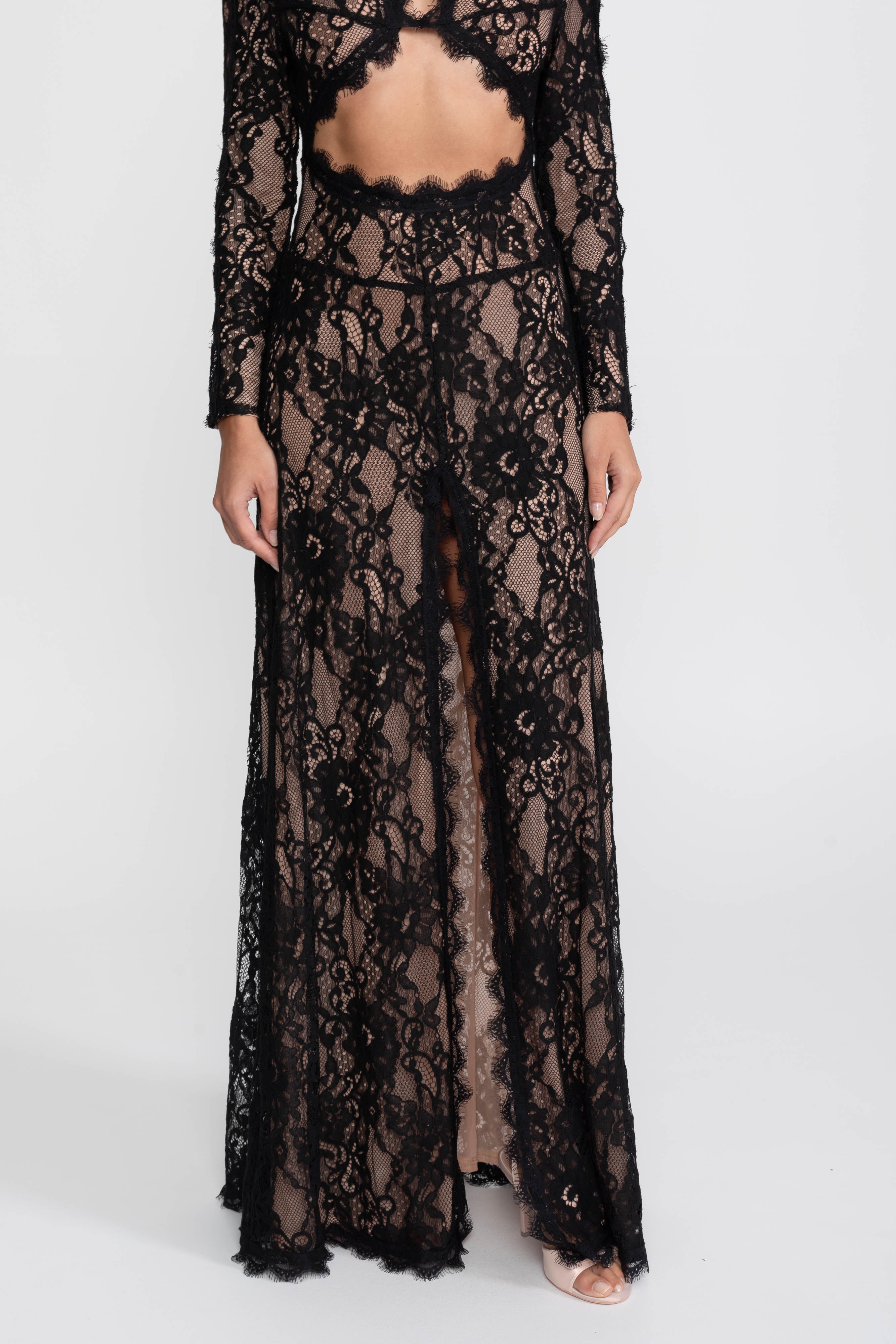 Elegant Lace Gown With High Neck, Front Cutout And Slit - Black