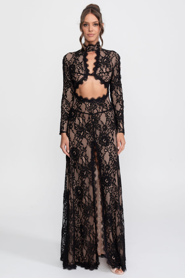 Elegant Lace Gown With High Neck, Front Cutout And Slit - Black