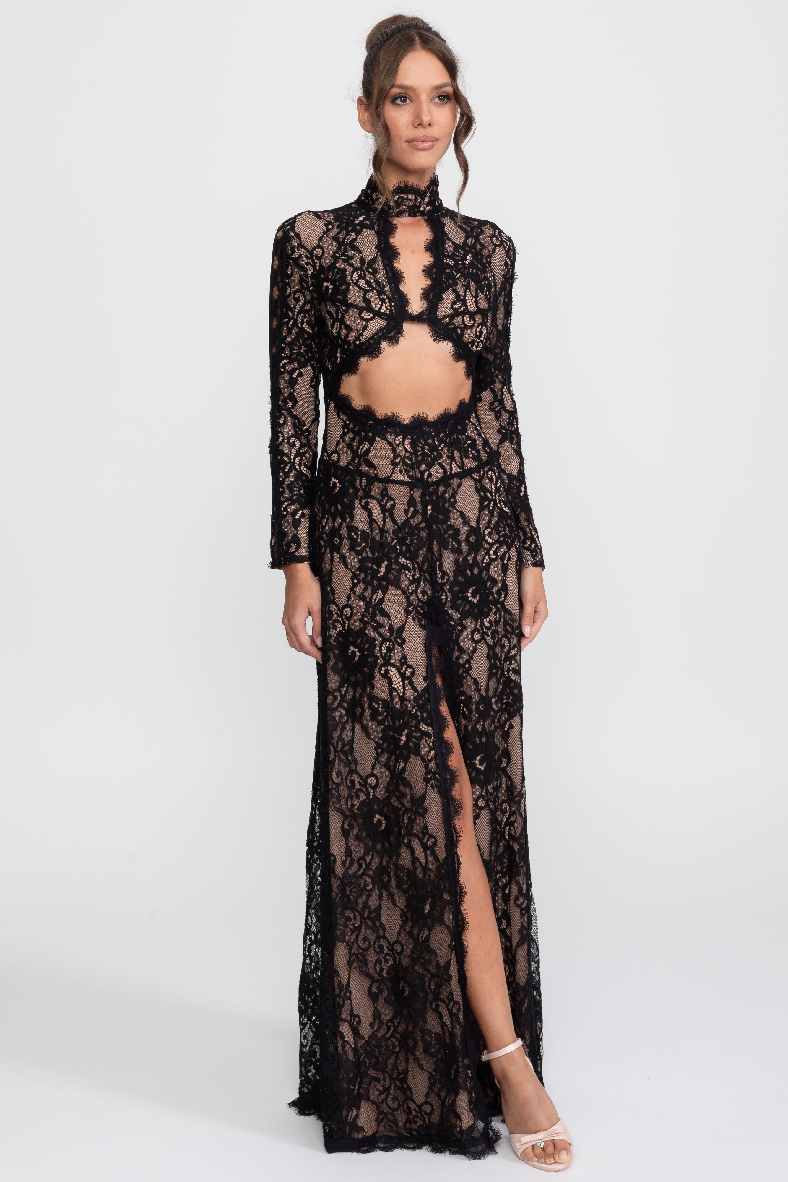 Elegant Lace Gown With High Neck, Front Cutout And Slit - Black