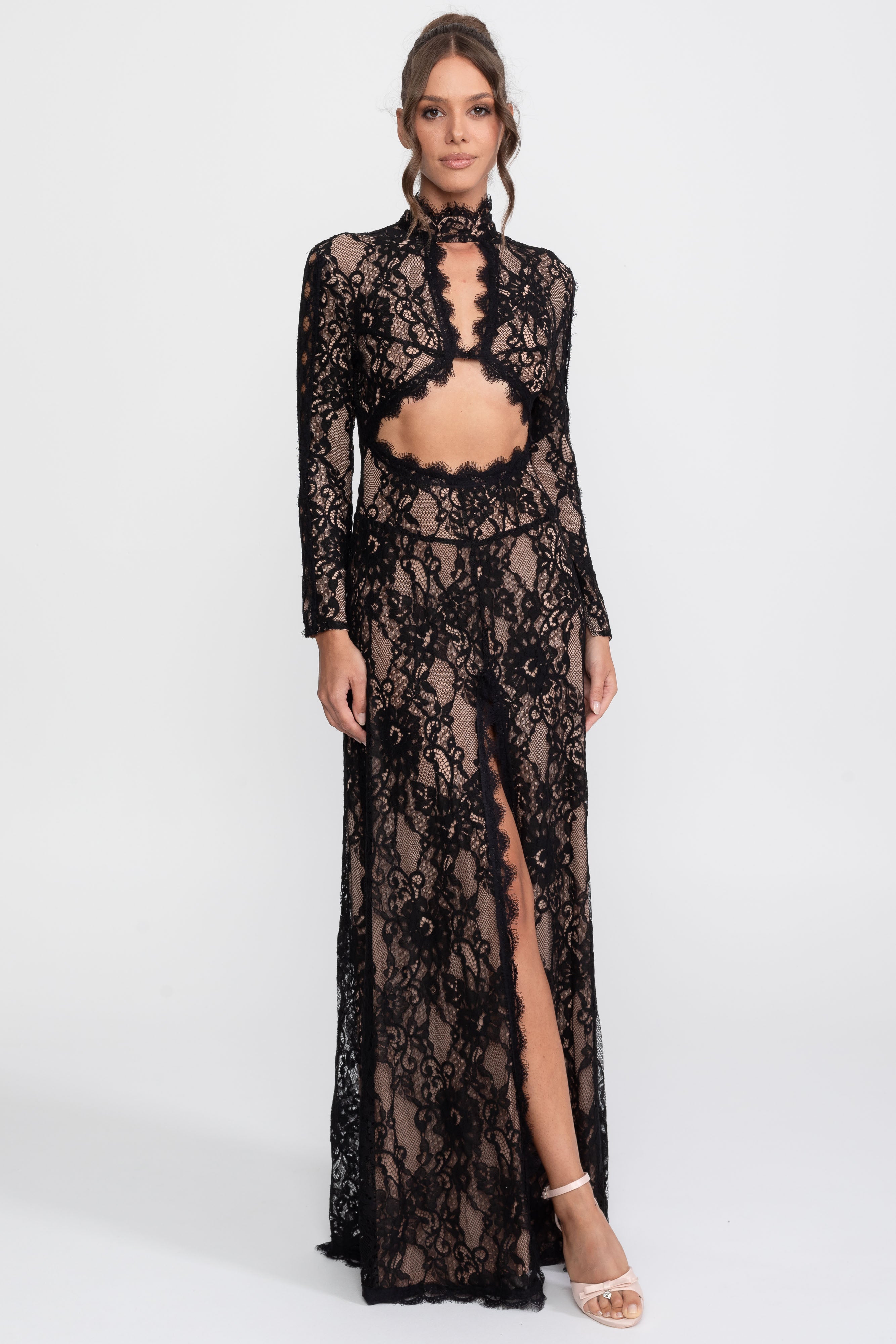 Elegant Lace Gown With High Neck, Front Cutout And Slit - Black