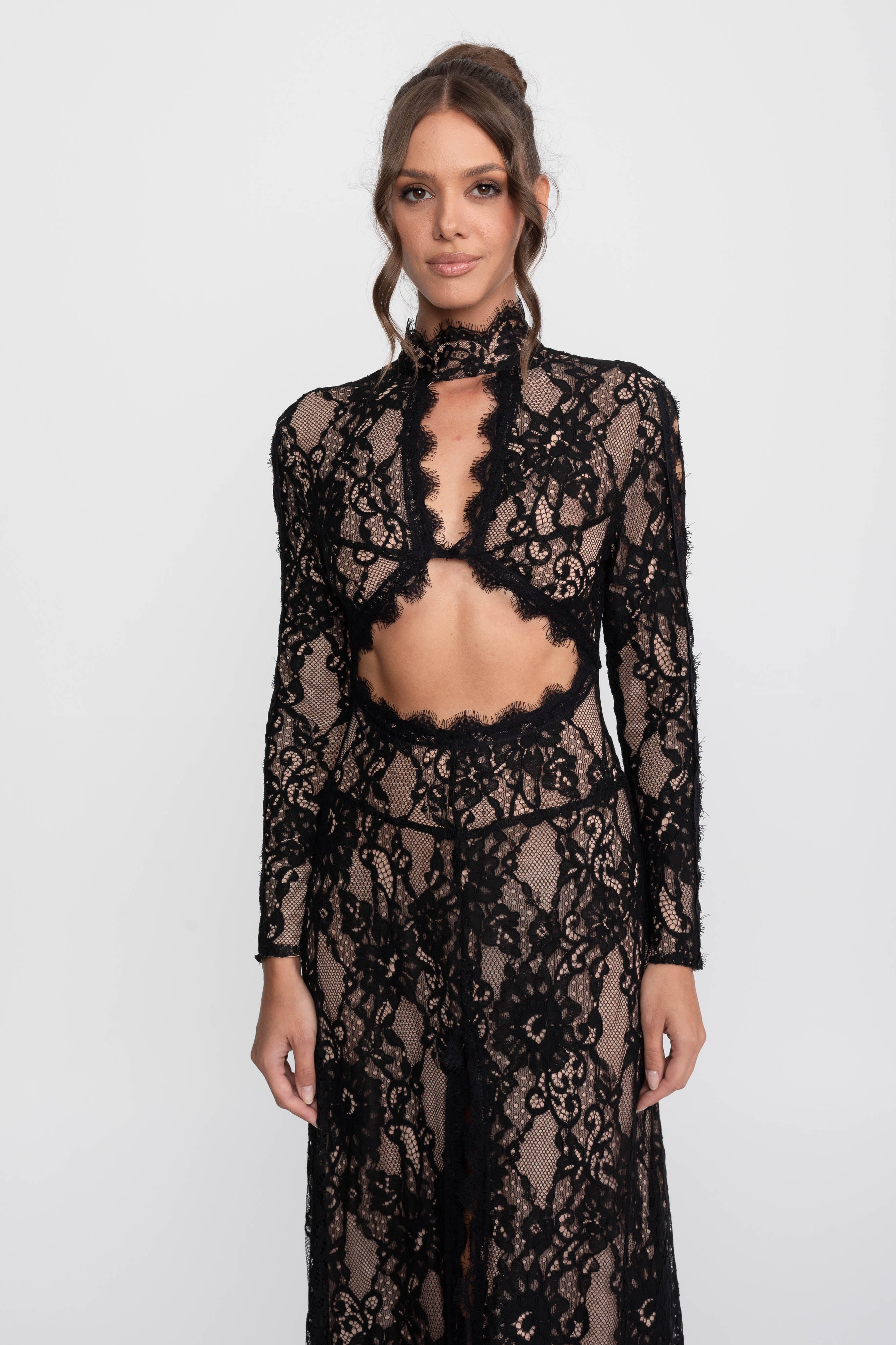 Elegant Lace Gown With High Neck, Front Cutout And Slit - Black