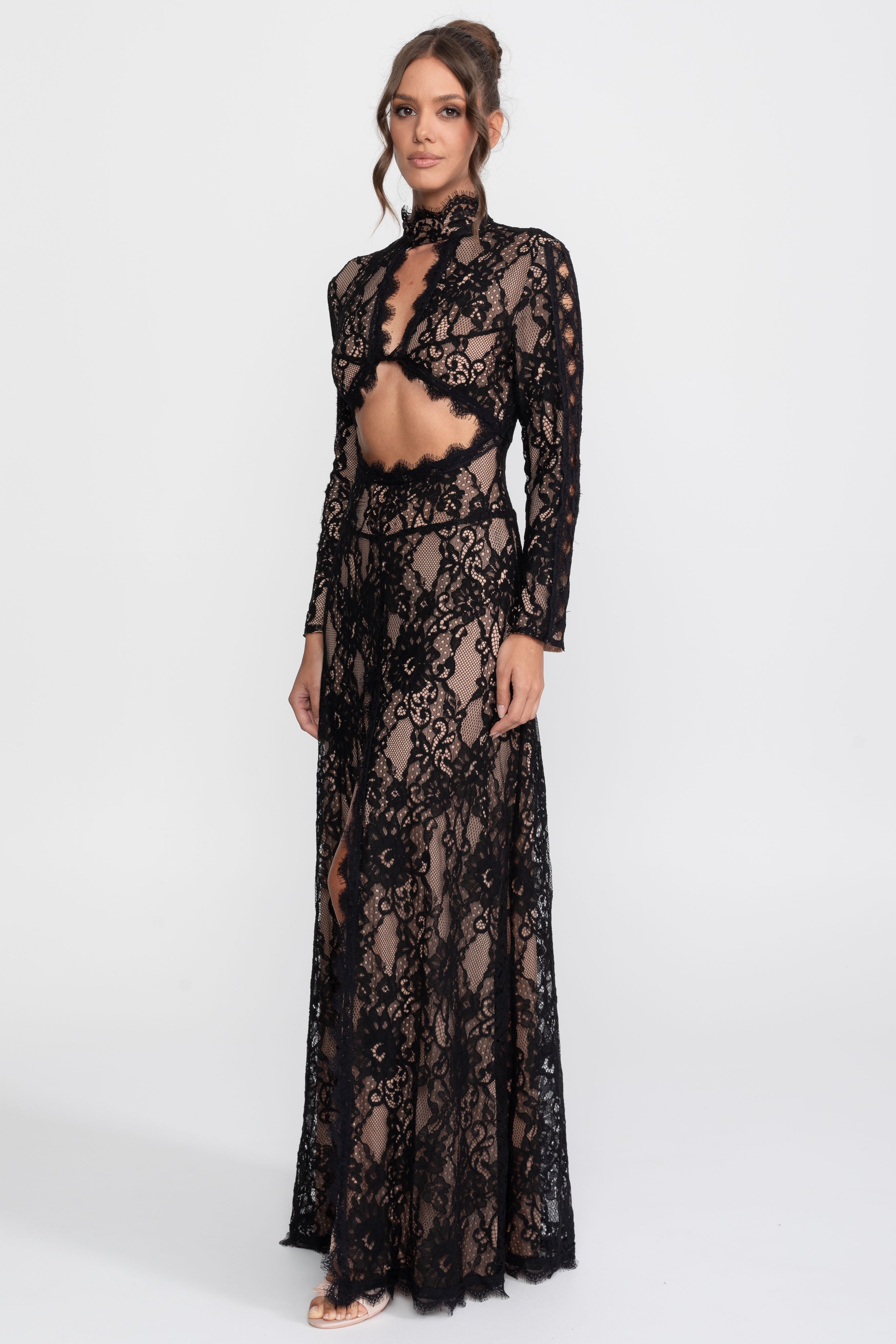 Elegant Lace Gown With High Neck, Front Cutout And Slit - Black