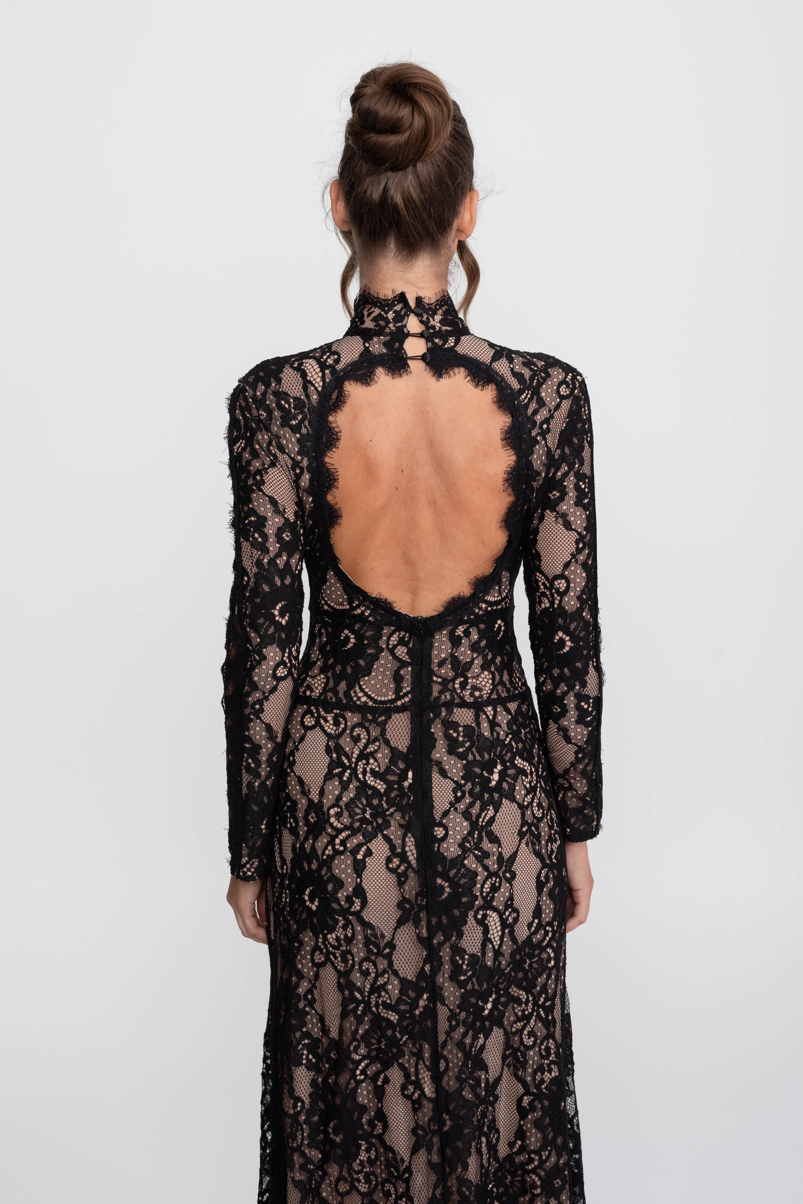 Elegant Lace Gown With High Neck, Front Cutout And Slit - Black