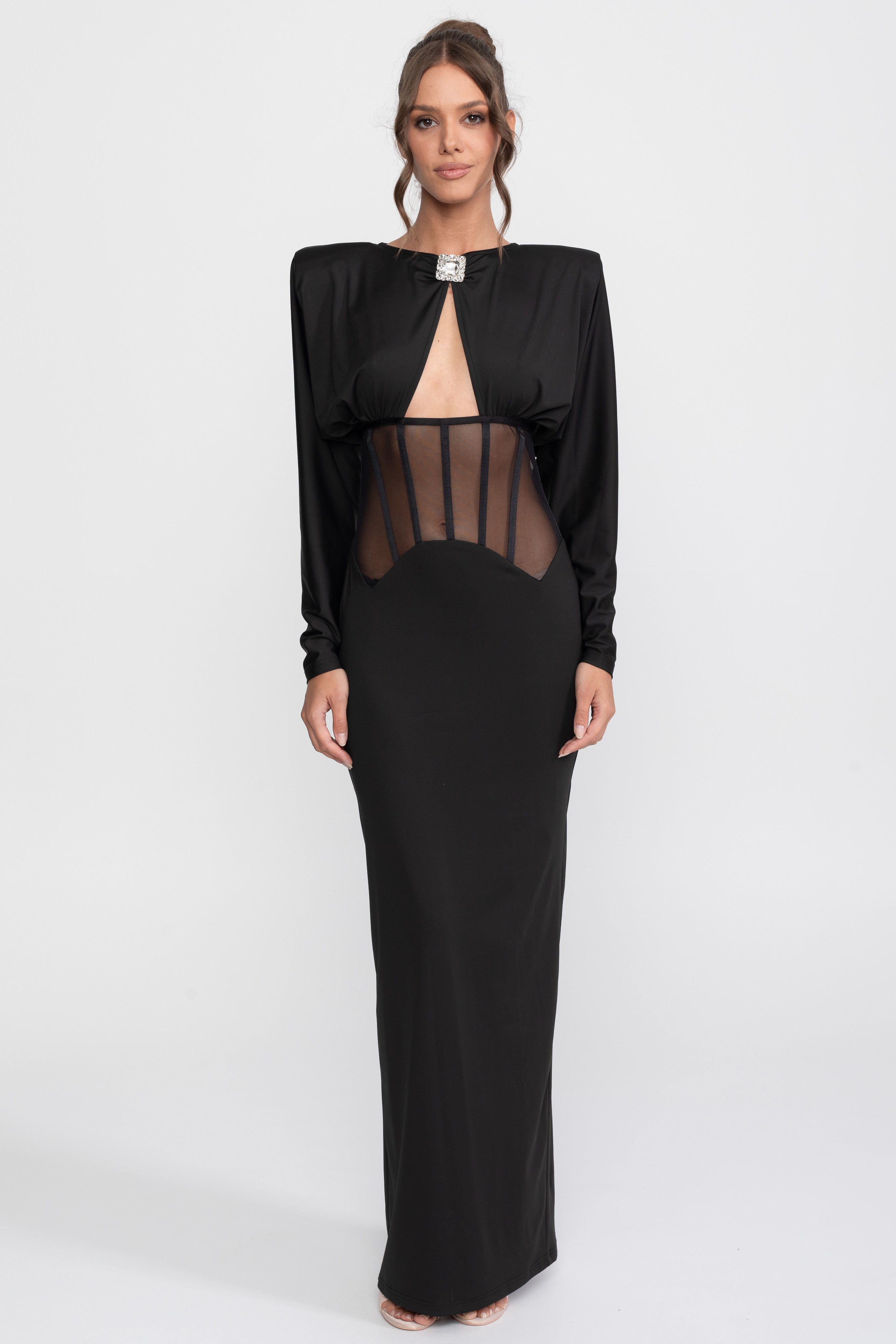 Cutout Sheer Panel Gown With Long Sleeves - Black