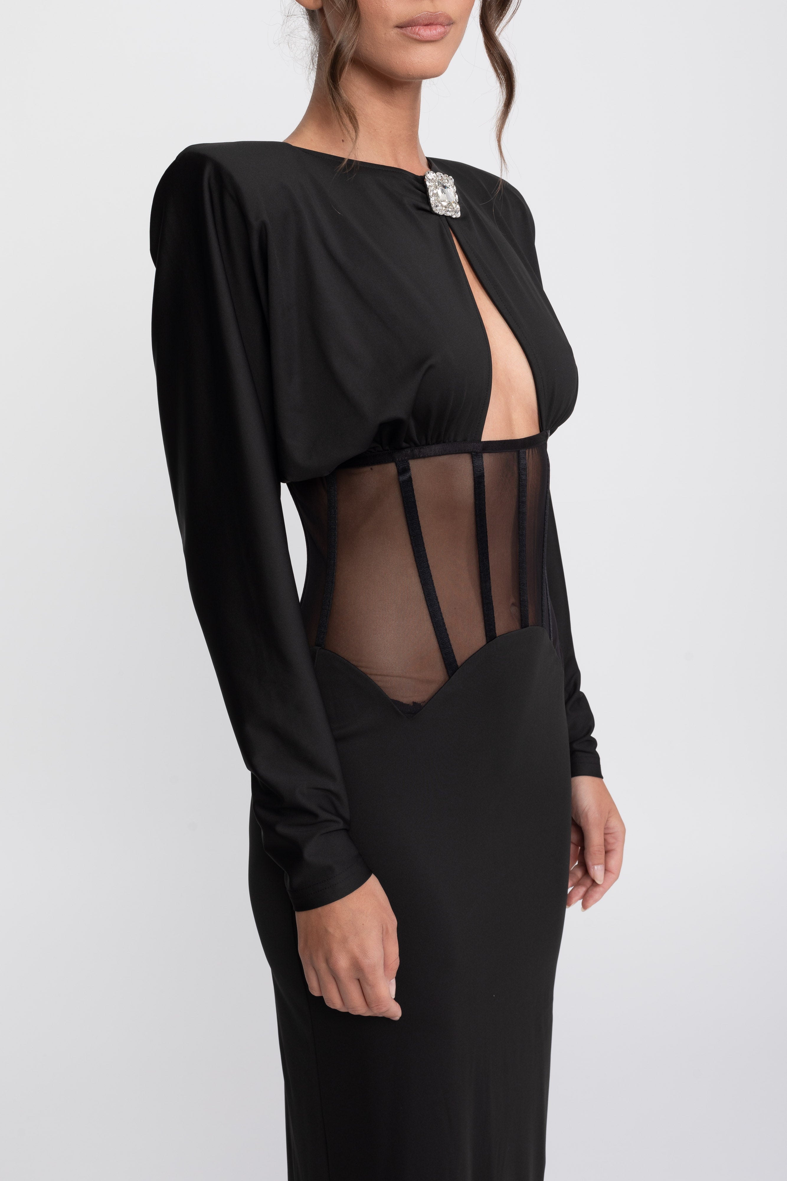 Cutout Sheer Panel Gown With Long Sleeves - Black