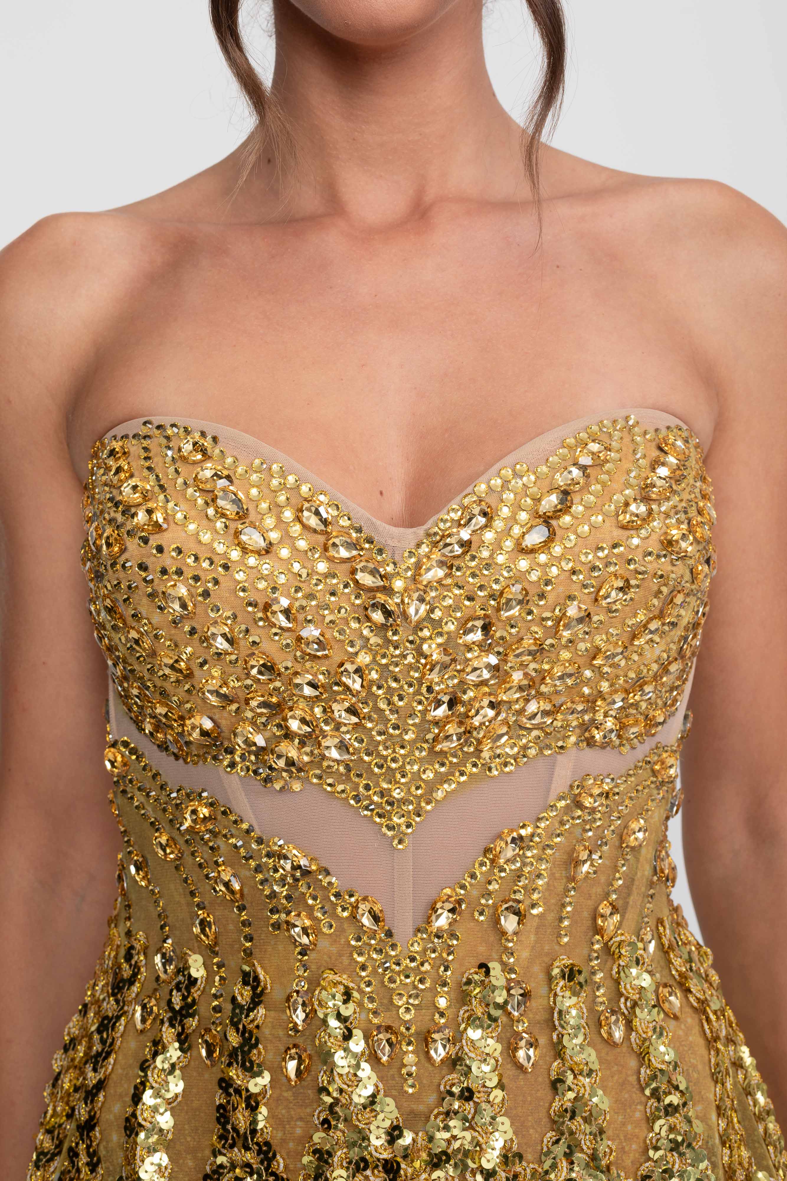 Jeweled Fit-and-Flare Mini Dress With Sweetheart Neckline  - Gold