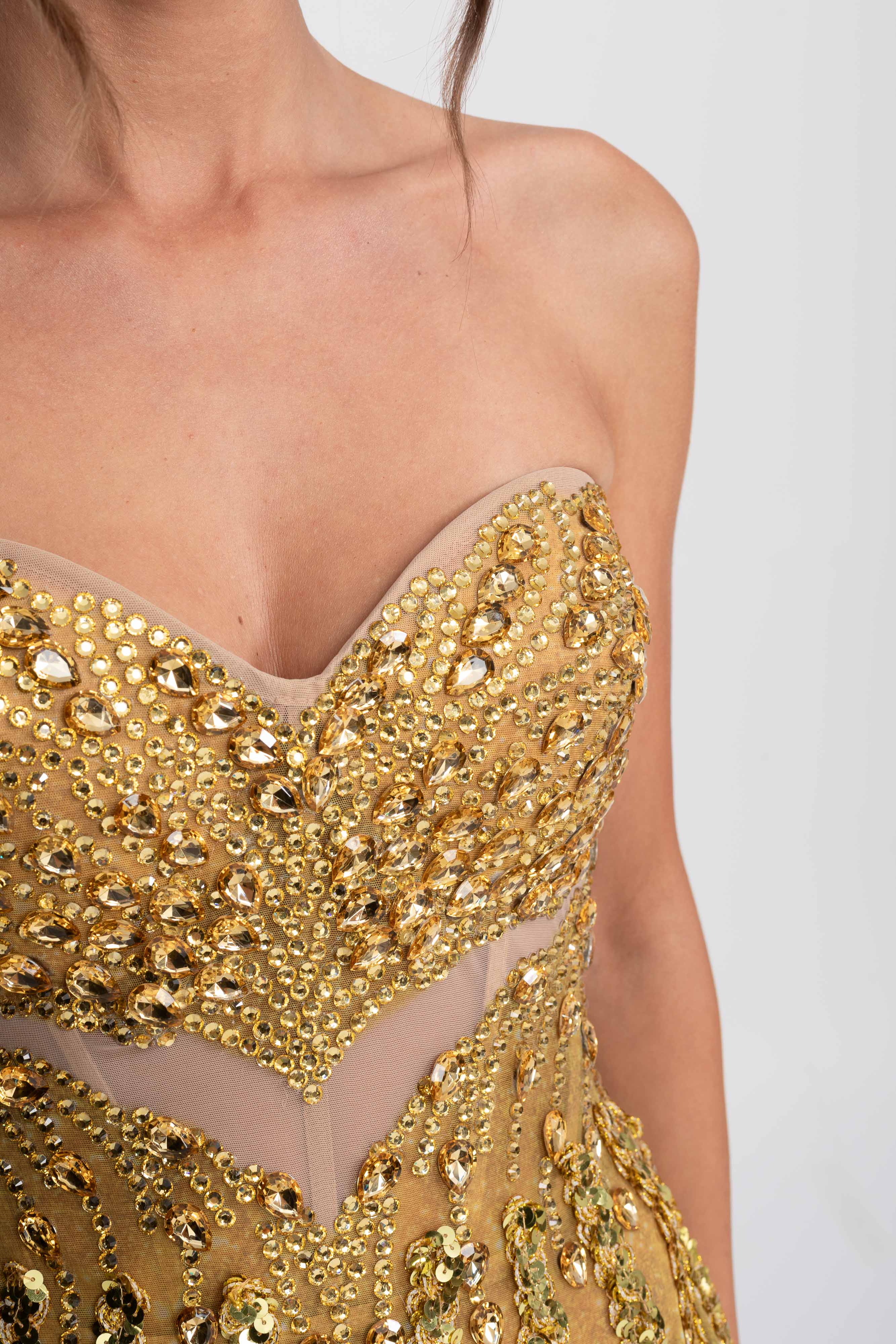 Jeweled Fit-and-Flare Mini Dress With Sweetheart Neckline  - Gold