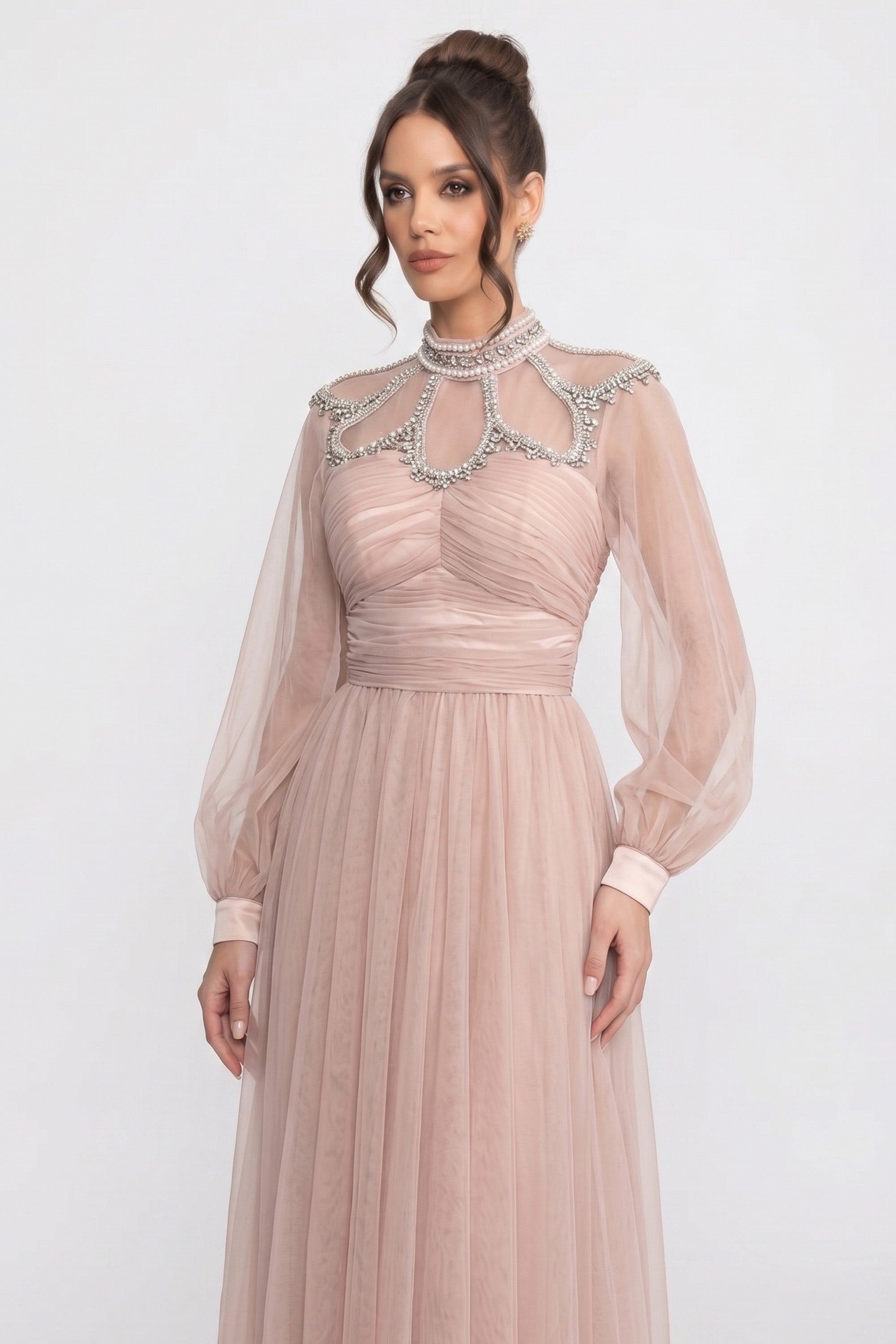 Elegant Dress With Long Sleeves, High Neckline And Ruched Bodice - Peach
