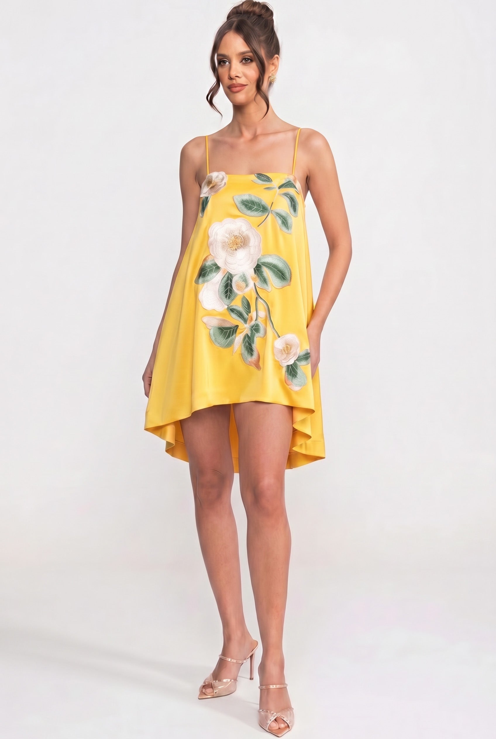 Spaghetti-Strap Mini Dress With 3D Floral Appliqué And A-Line Skirt - Yellow