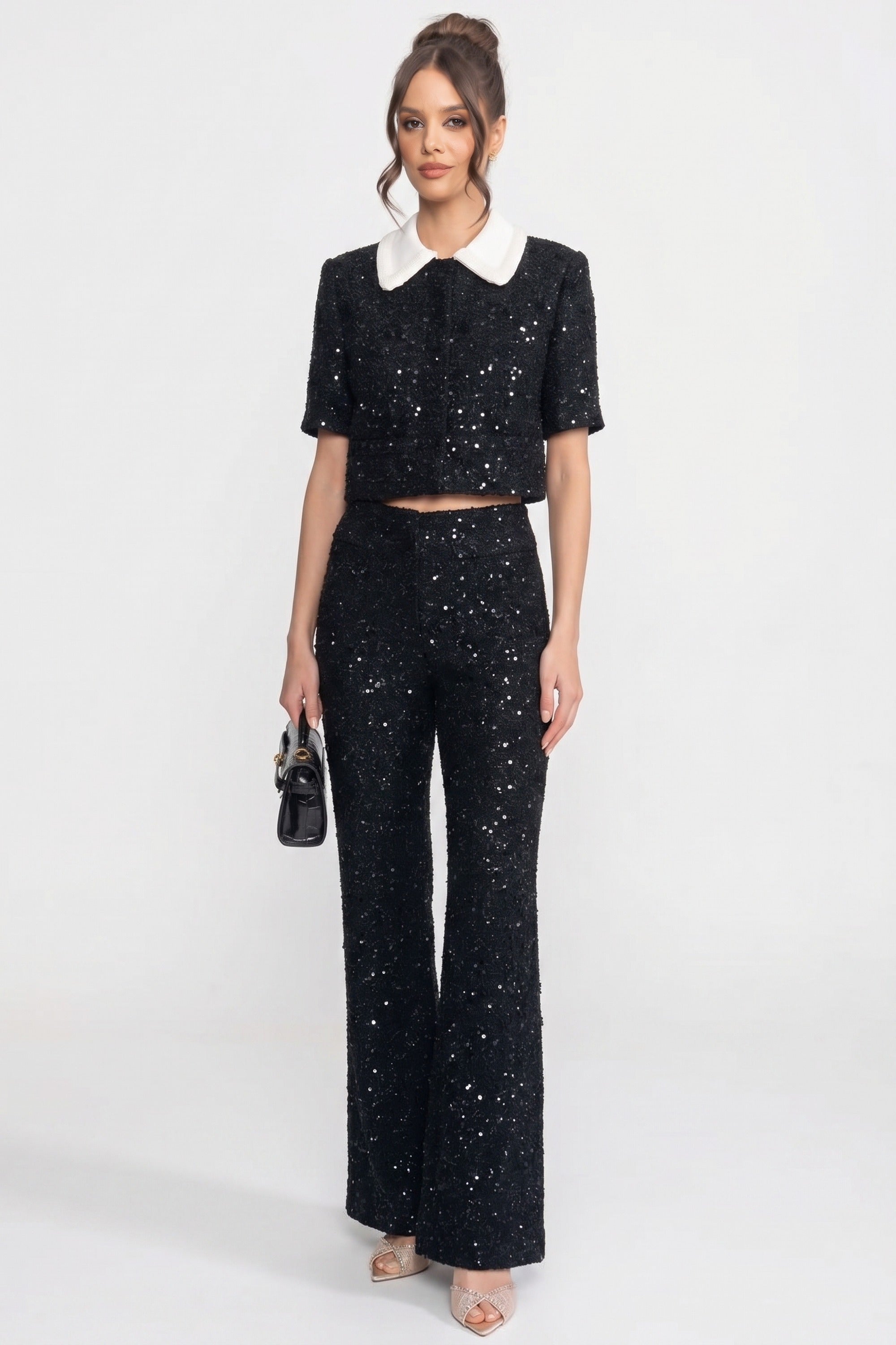 Wide-Leg Tweed Trousers With Sequin Detail - Black